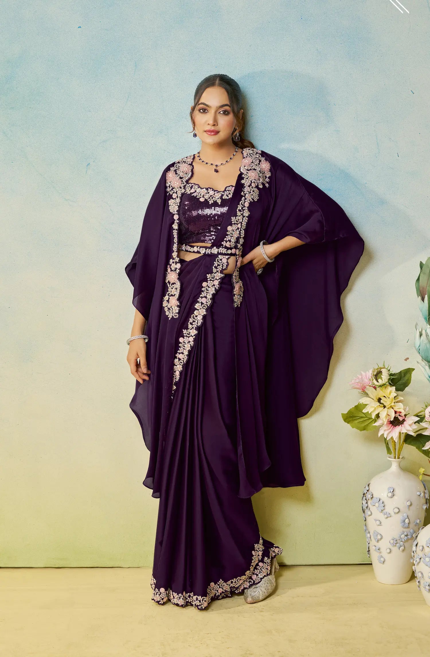 Midnight Purple Embroidery & Hand Work One Minute Saree - qivii