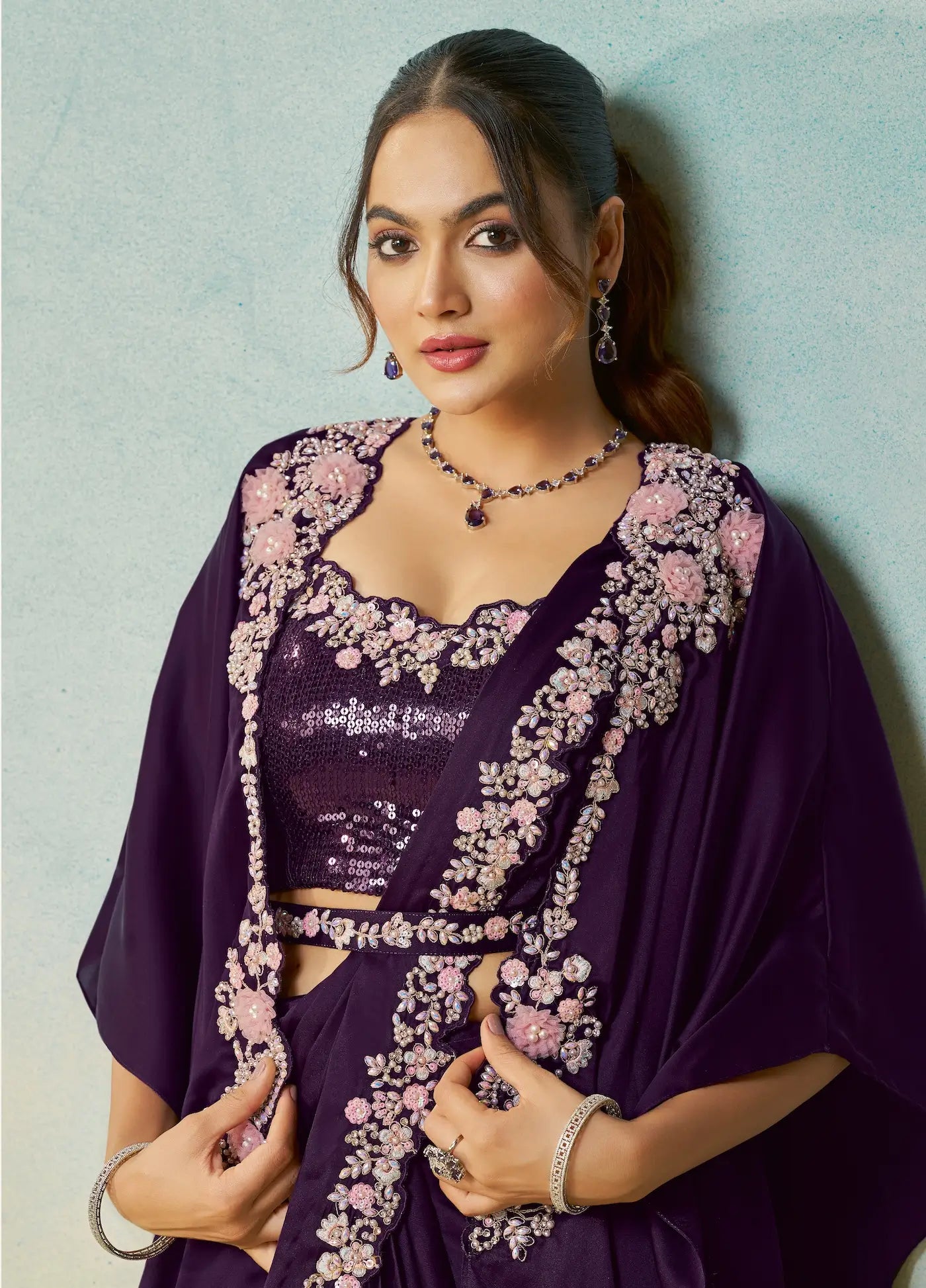 Midnight Purple Embroidery & Hand Work One Minute Saree - qivii