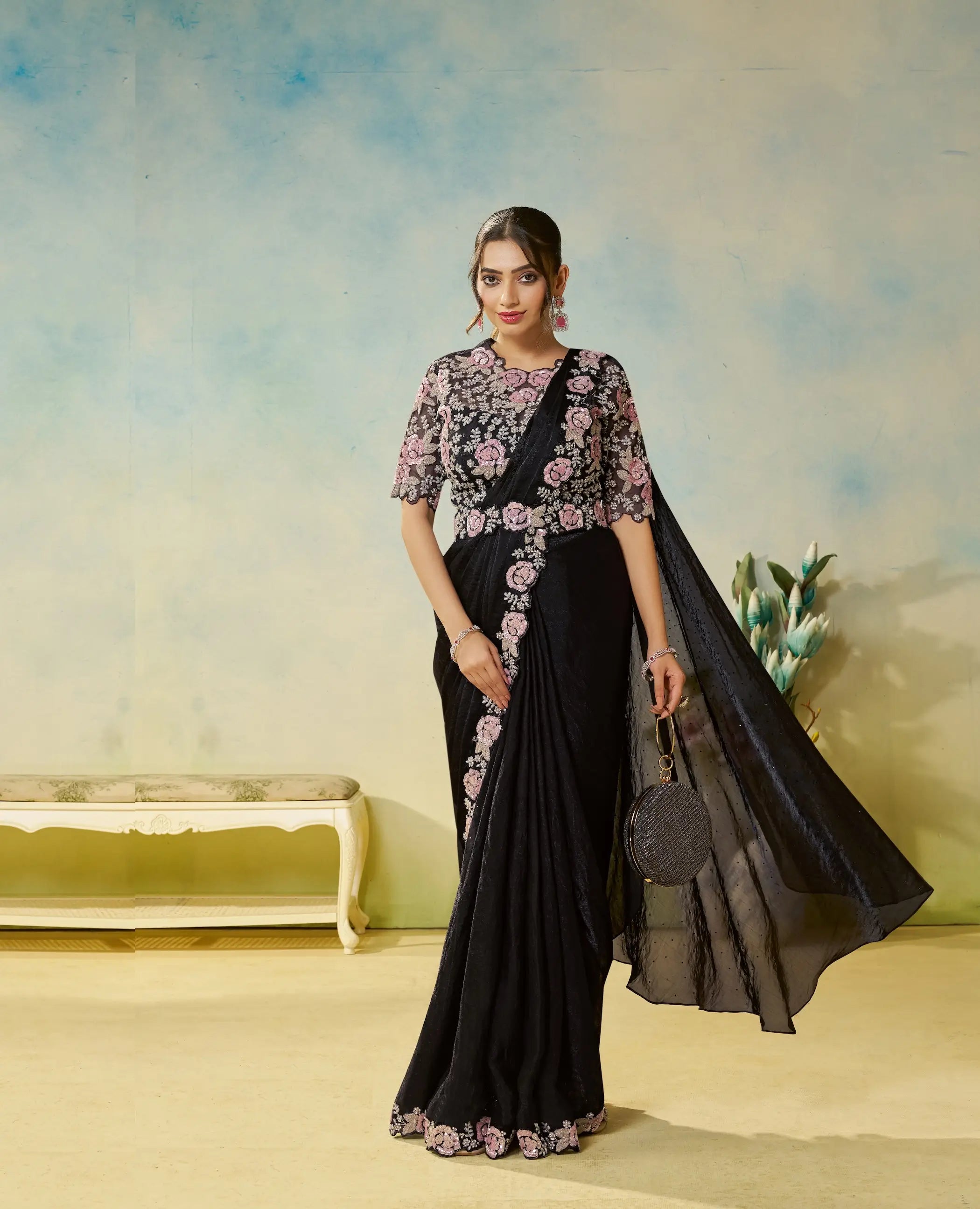 Hot Black Embroidery & Hand Work One Minute Saree - qivii