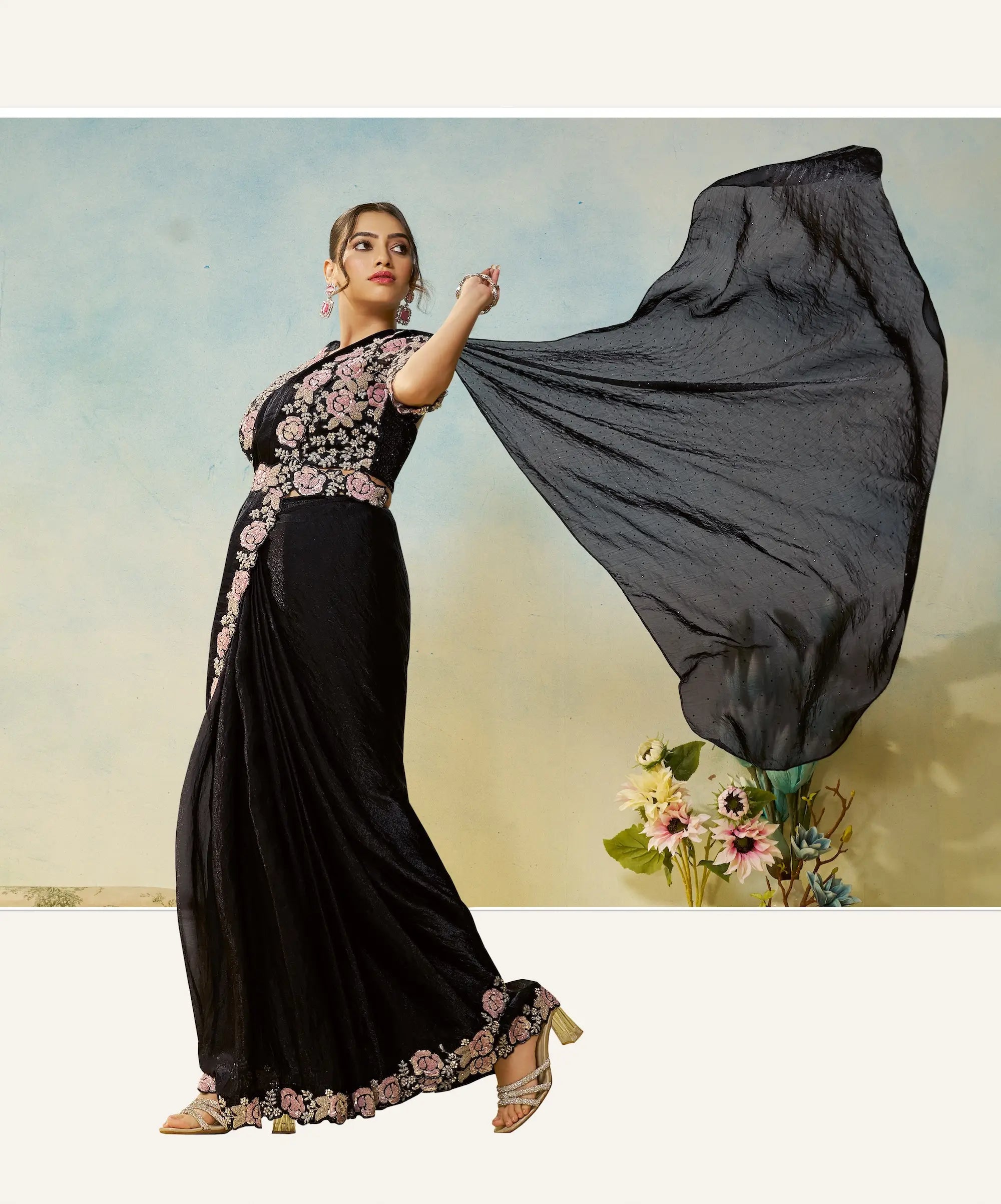 Hot Black Embroidery & Hand Work One Minute Saree - qivii