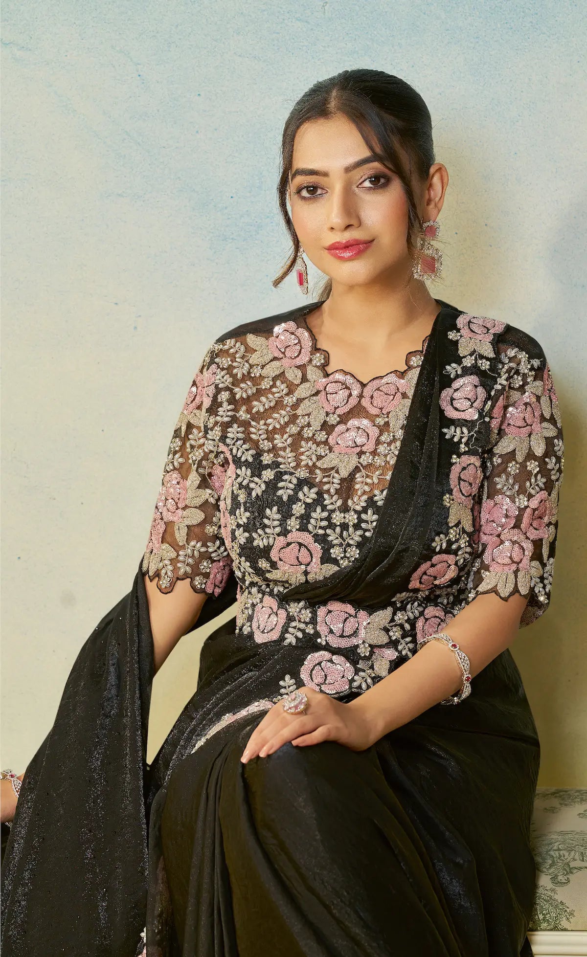 Hot Black Embroidery & Hand Work One Minute Saree - qivii