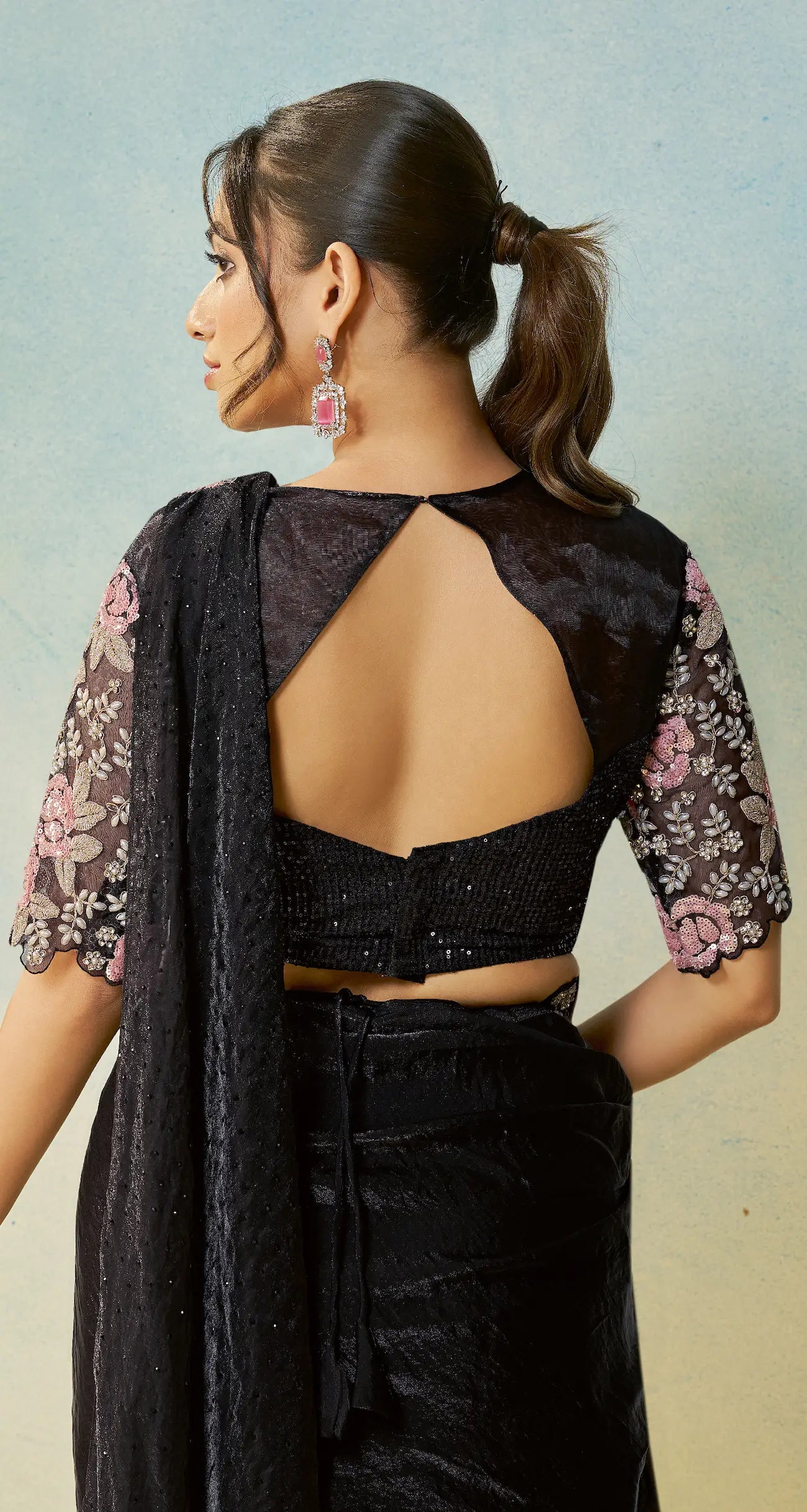 Hot Black Embroidery & Hand Work One Minute Saree - qivii