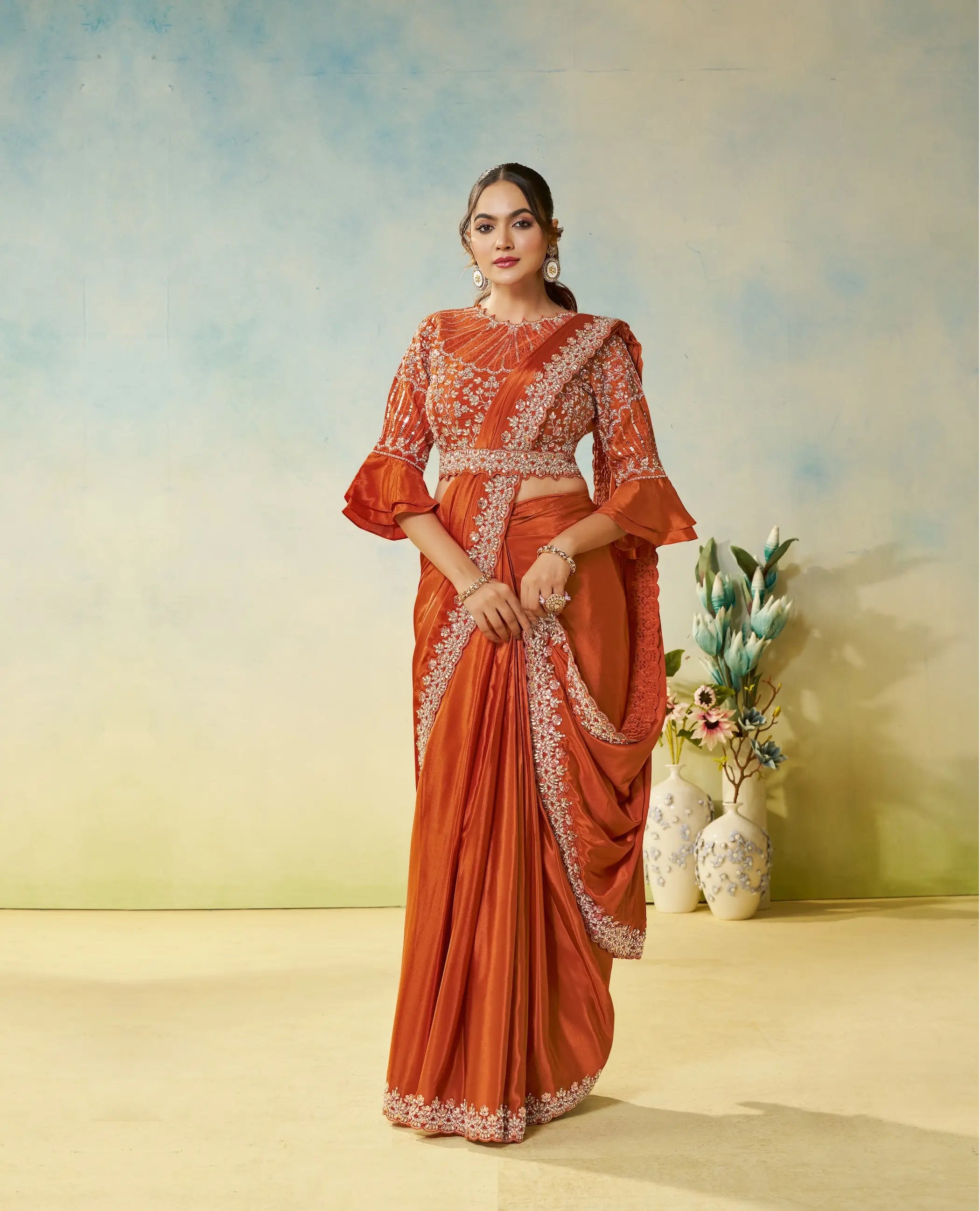 Rust Orange Embroidery & Hand Work One Minute Saree - qivii
