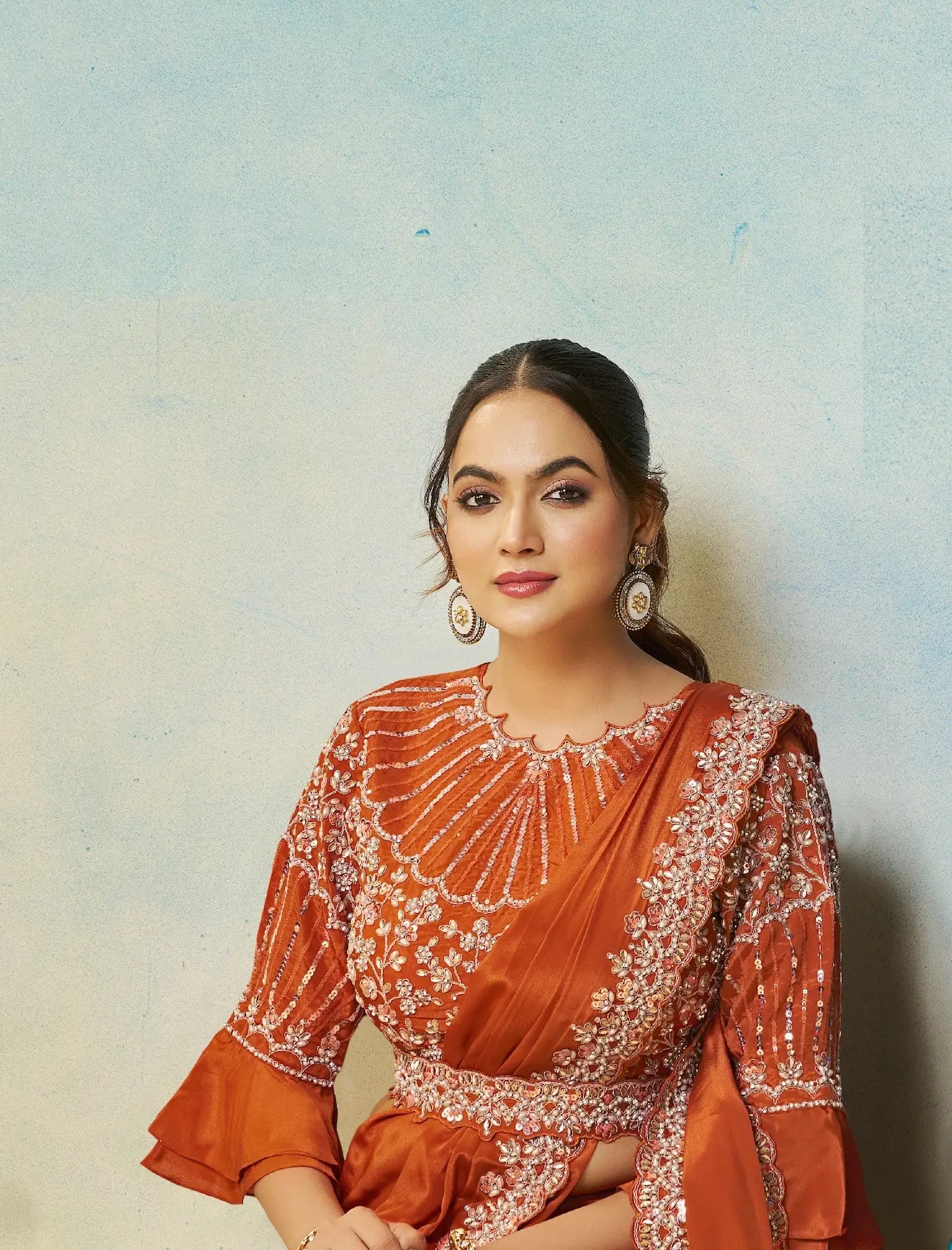 Rust Orange Embroidery & Hand Work One Minute Saree - qivii