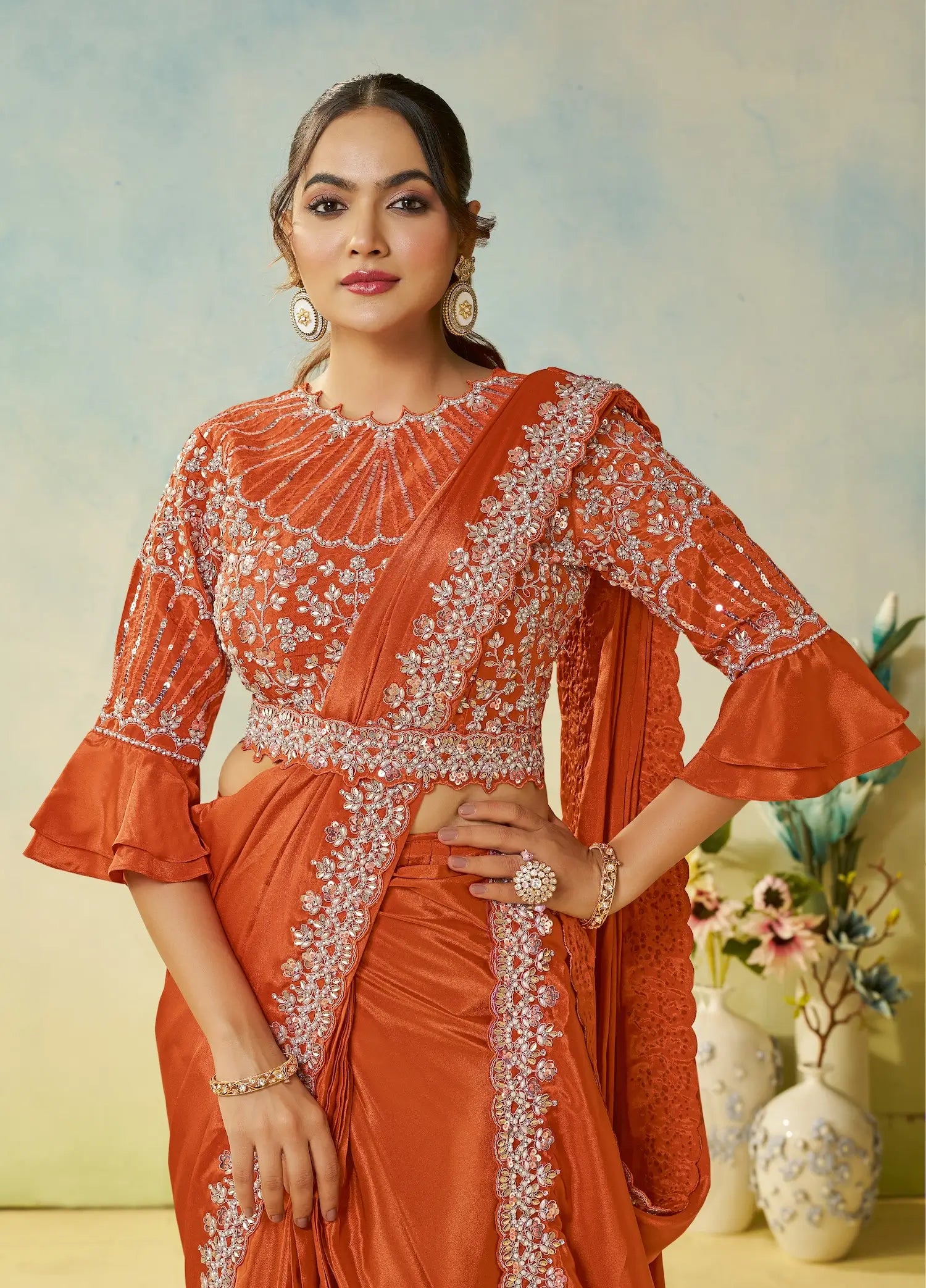 Rust Orange Embroidery & Hand Work One Minute Saree - qivii