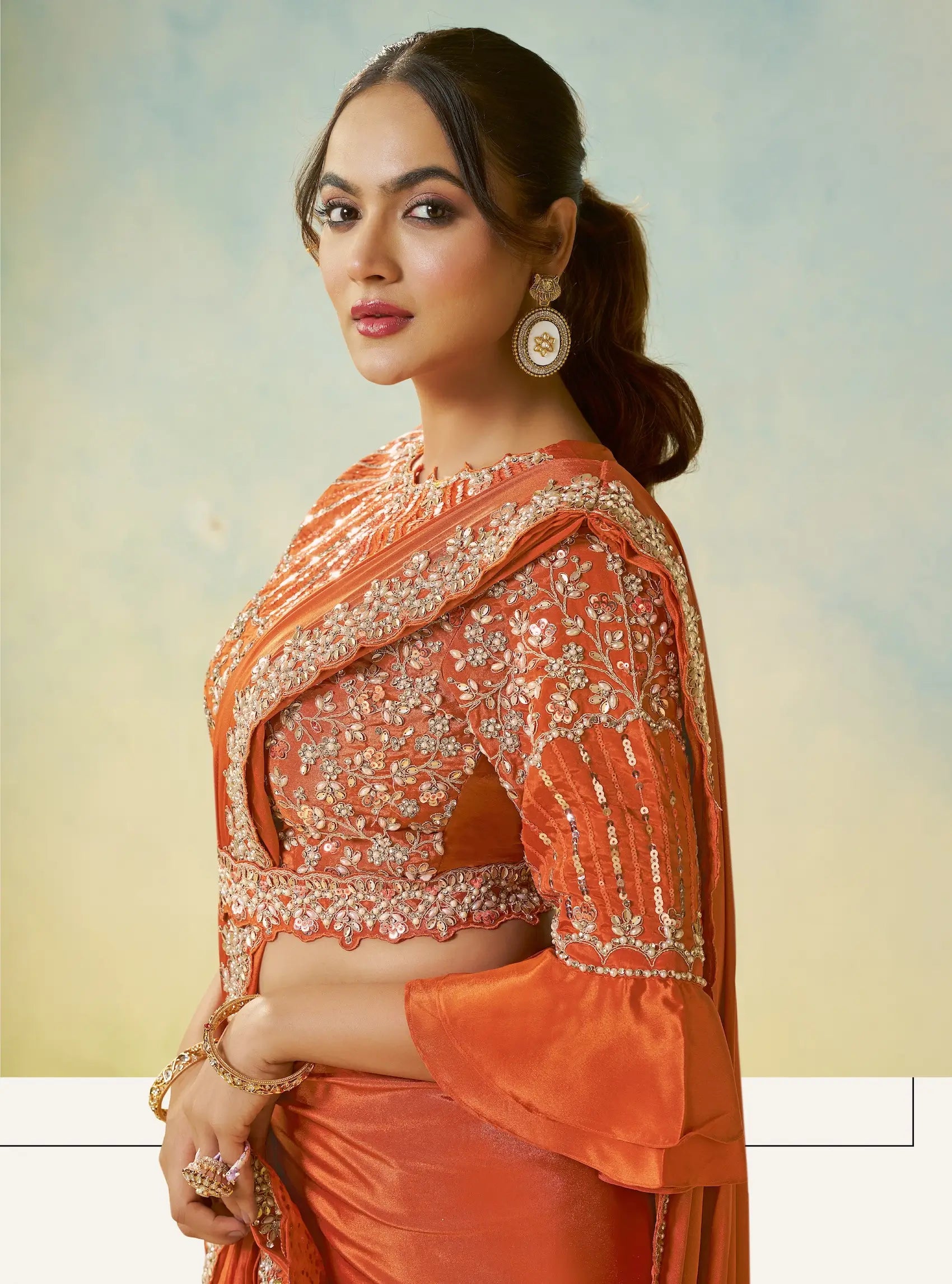 Rust Orange Embroidery & Hand Work One Minute Saree - qivii