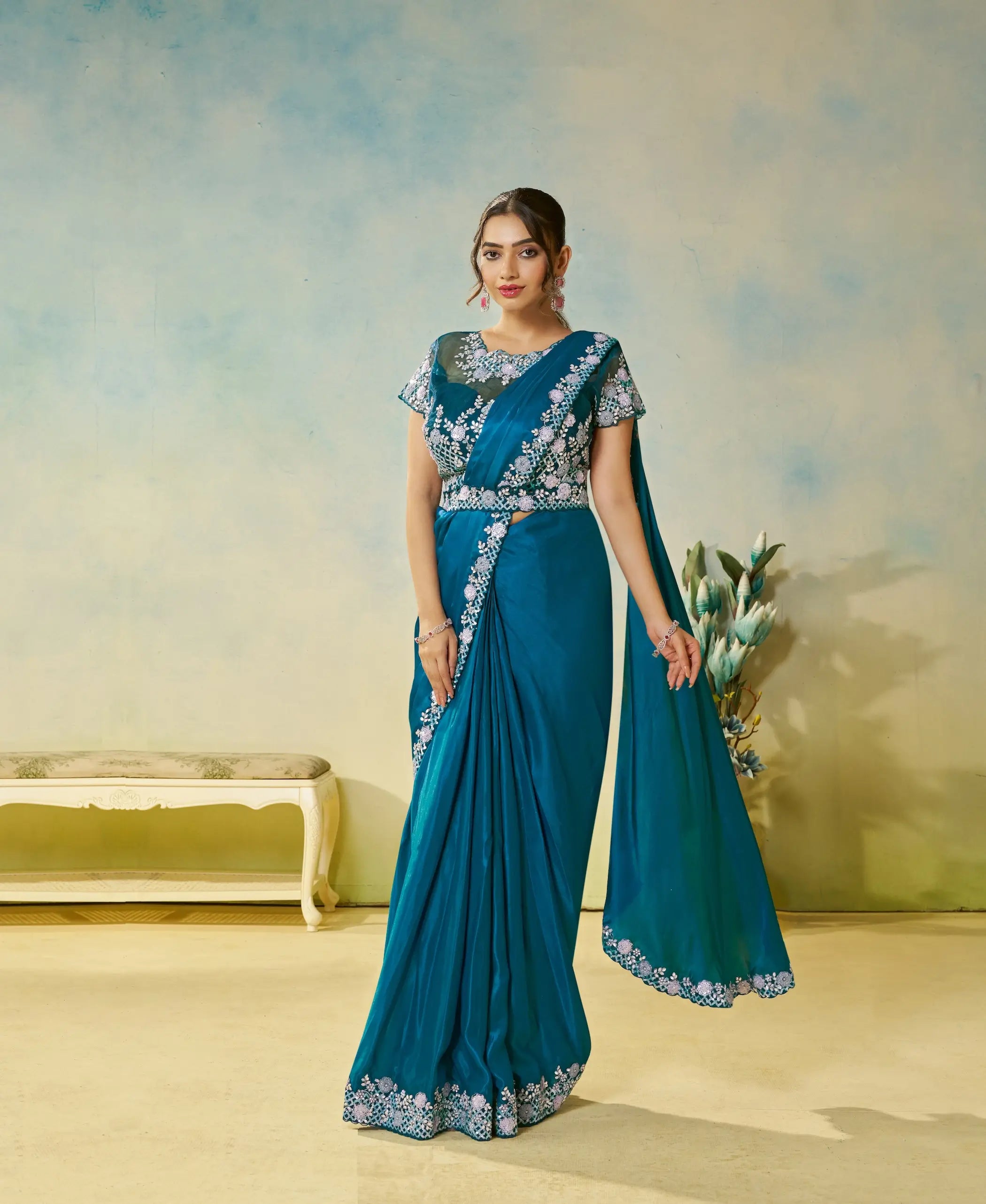 Venice Blue Embroidery & Hand Work One Minute Saree - qivii