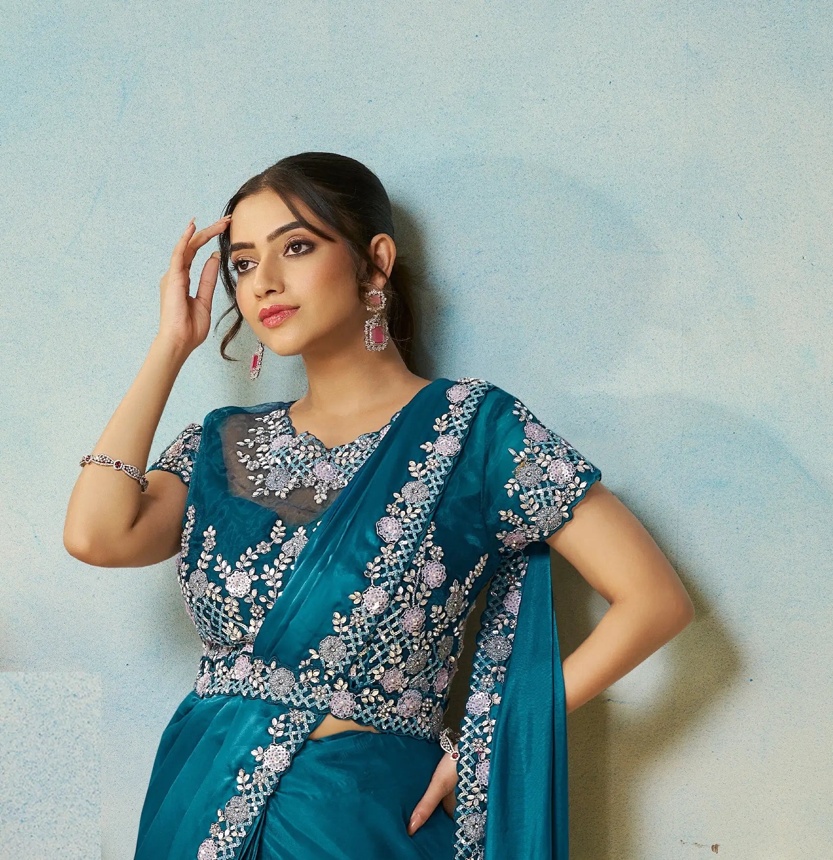 Venice Blue Embroidery & Hand Work One Minute Saree - qivii