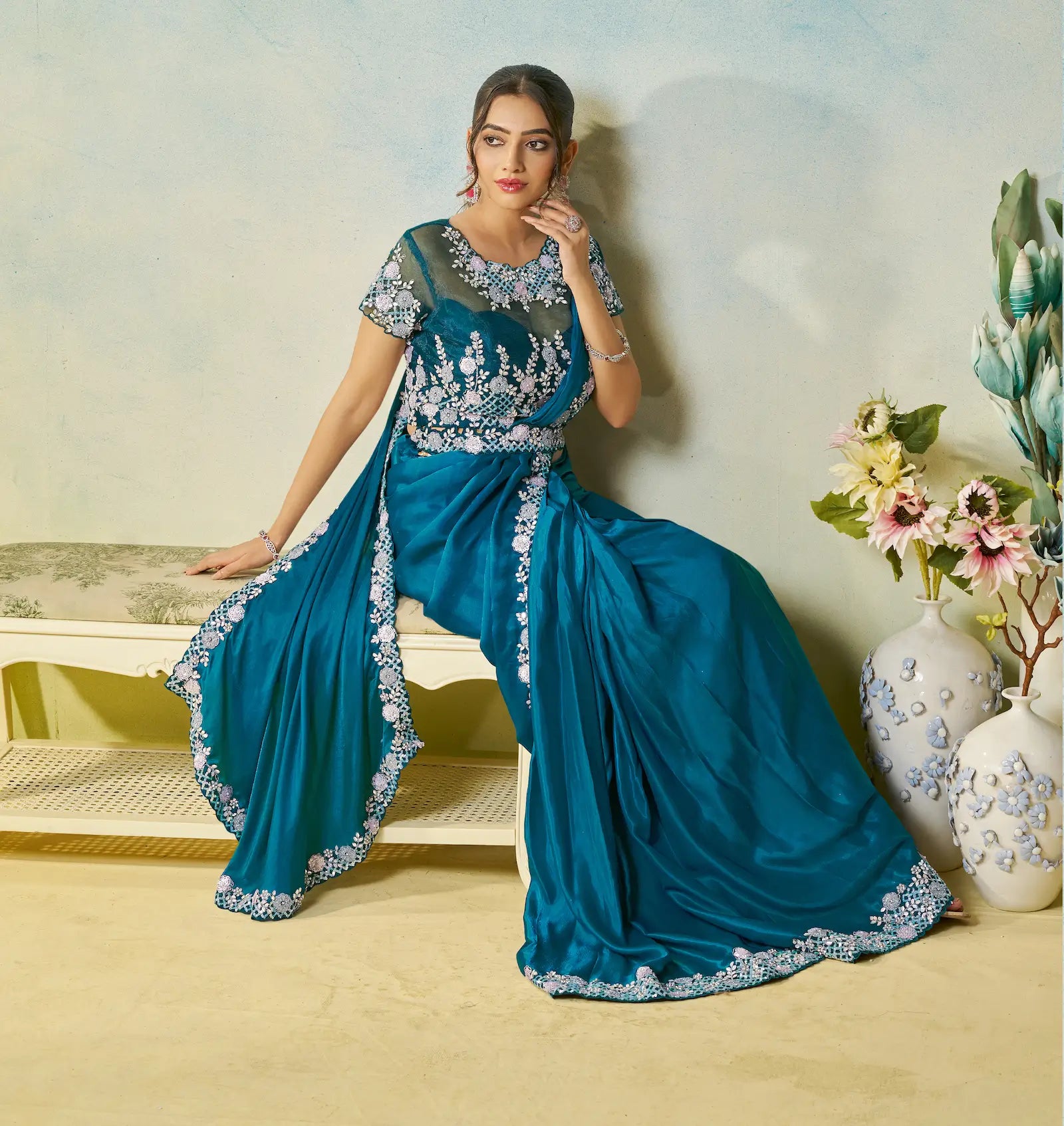 Venice Blue Embroidery & Hand Work One Minute Saree - qivii