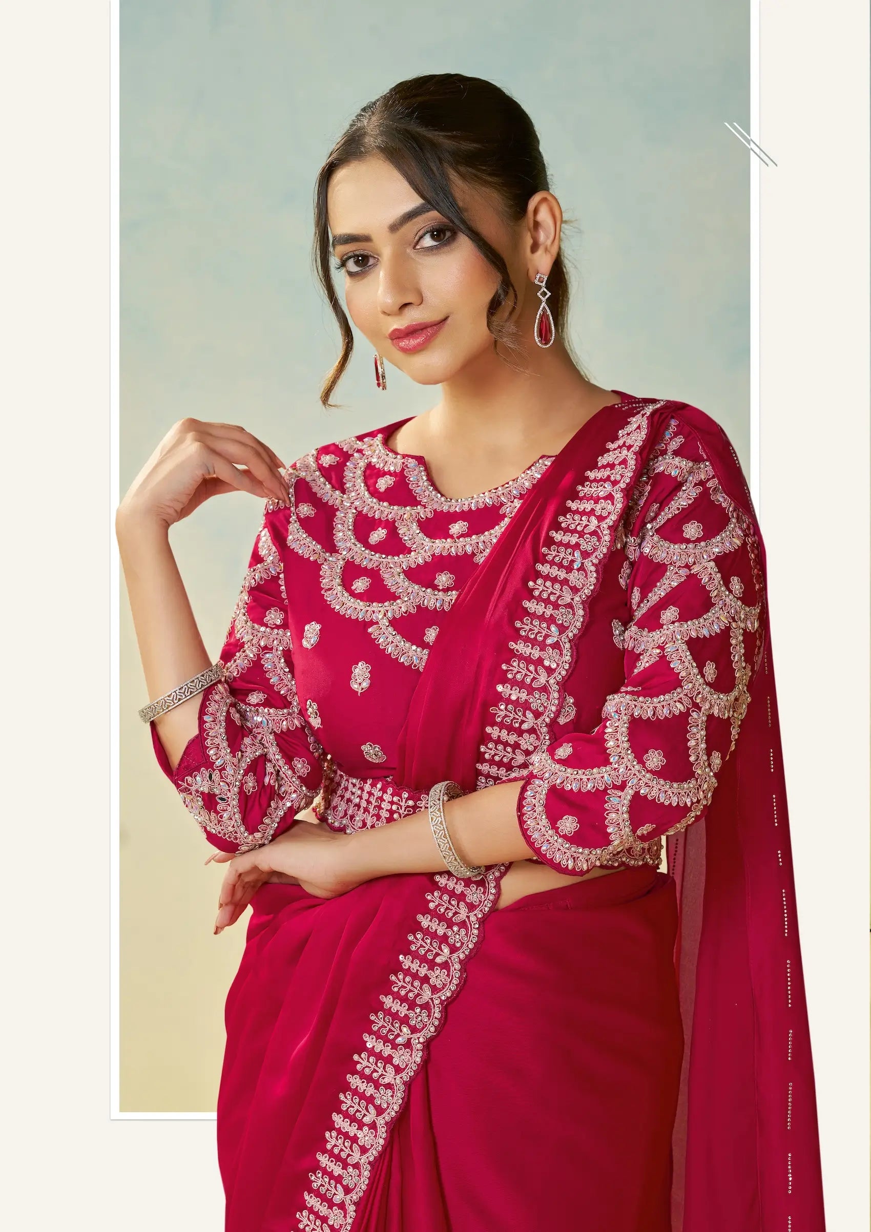 Pinkish Red Embroidery & Hand Work One Minute Saree - qivii