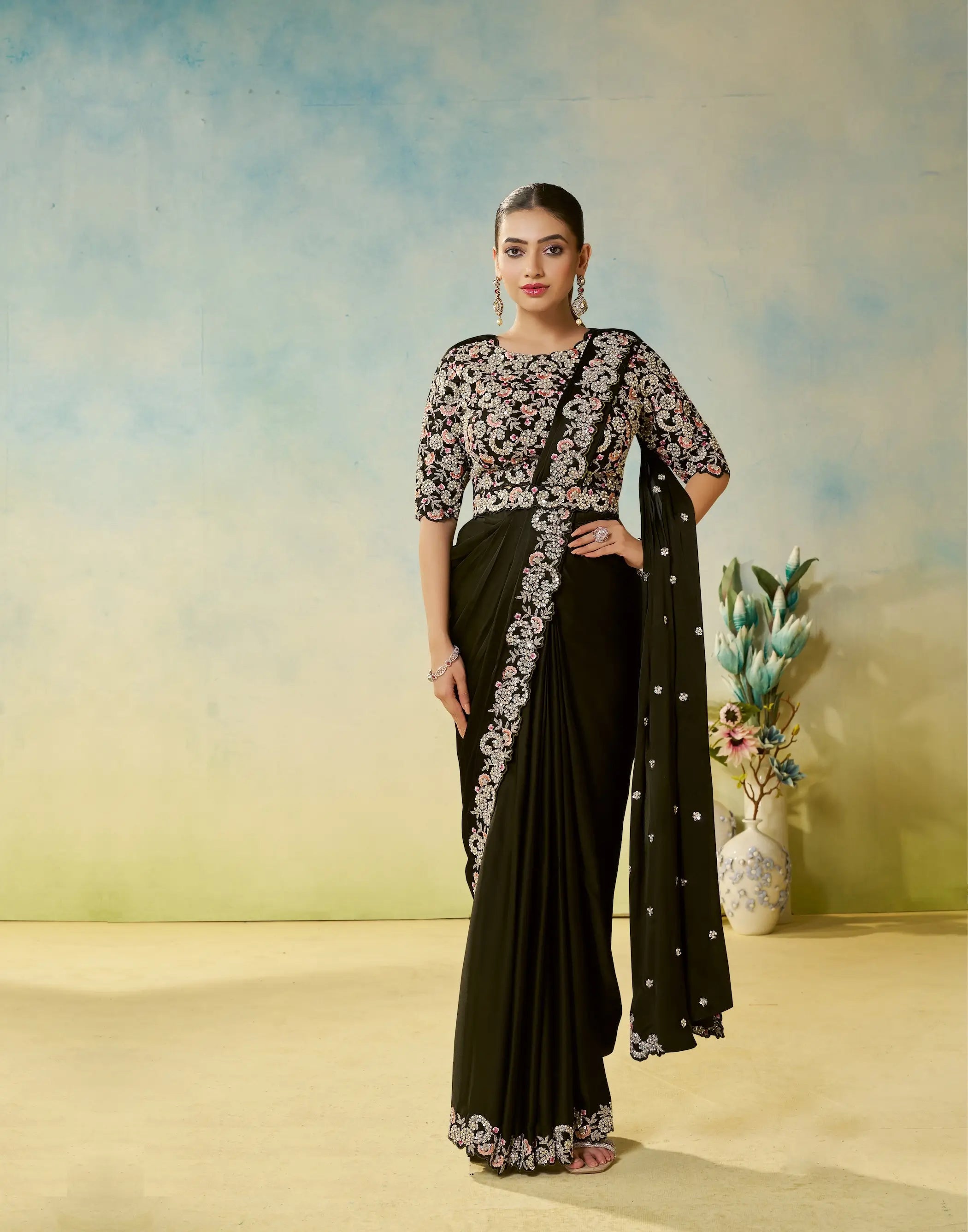 Ebony Black Embroidery & Hand Work One Minute Saree - qivii