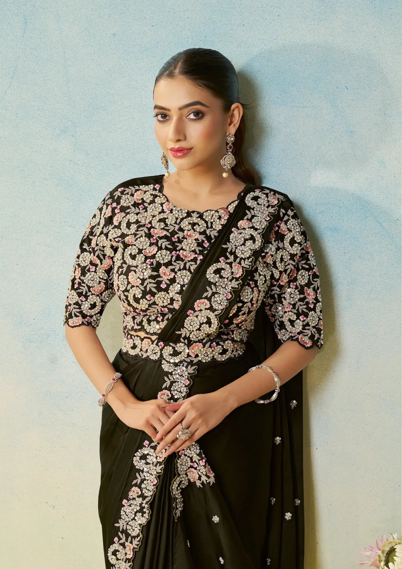 Ebony Black Embroidery & Hand Work One Minute Saree - qivii