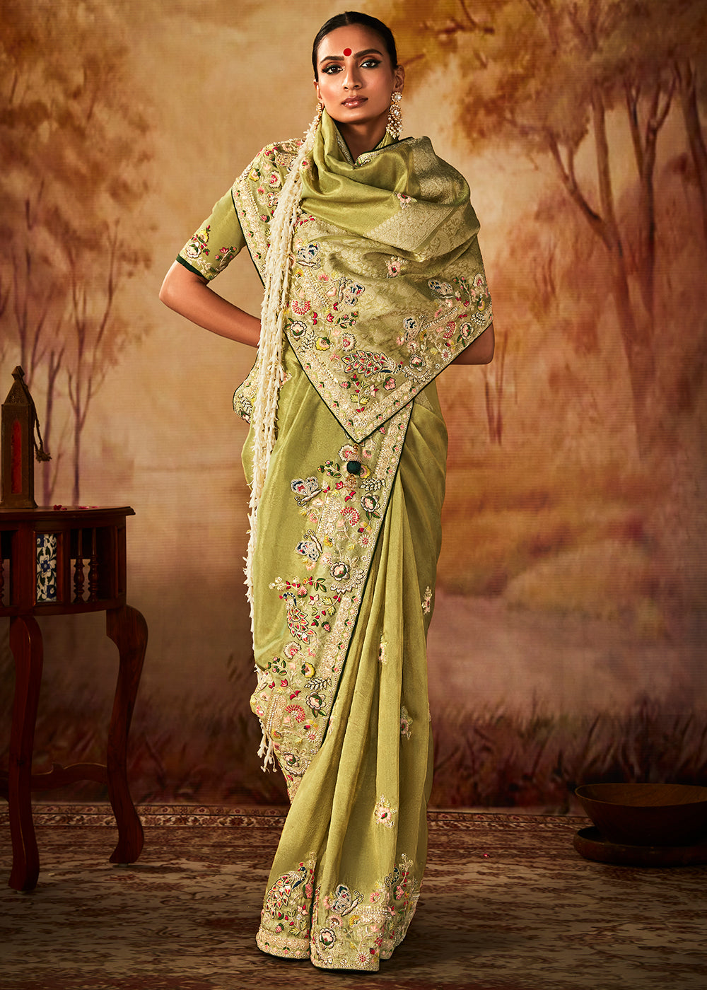Light Avocado Green Woven Banarasi Silk Saree with Sequin,Stone,Zardosi,Khatli & Pearl work - qivii