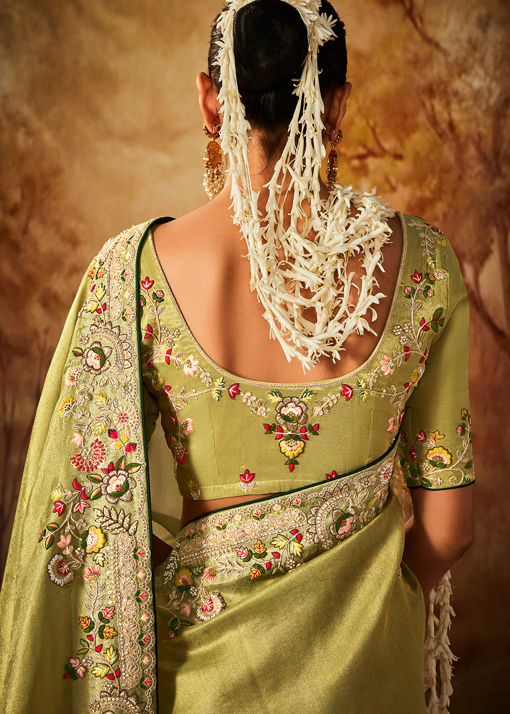 Light Avocado Green Woven Banarasi Silk Saree with Sequin,Stone,Zardosi,Khatli & Pearl work - qivii