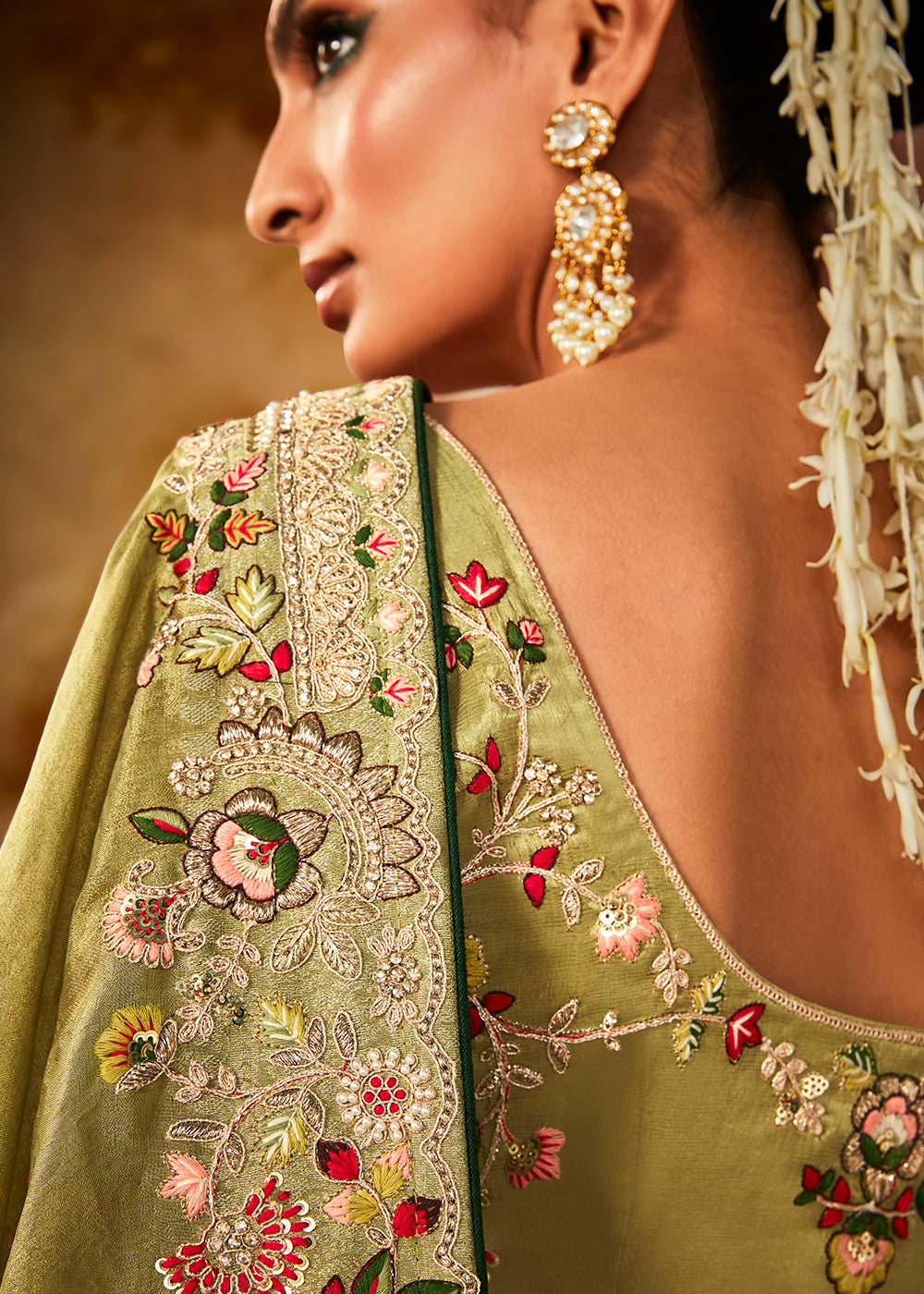 Light Avocado Green Woven Banarasi Silk Saree with Sequin,Stone,Zardosi,Khatli & Pearl work - qivii