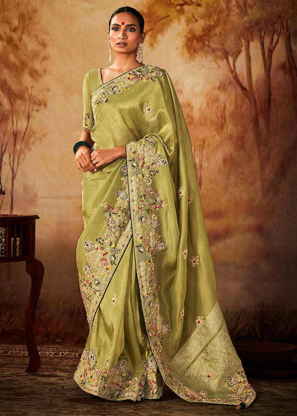 Light Avocado Green Woven Banarasi Silk Saree with Sequin,Stone,Zardosi,Khatli & Pearl work - qivii