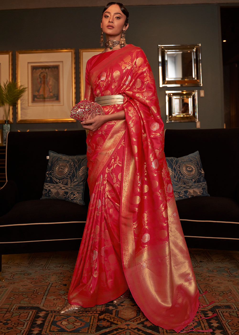 Bridal Red Woven Banarasi Silk Saree with Tassels on Pallu - qivii