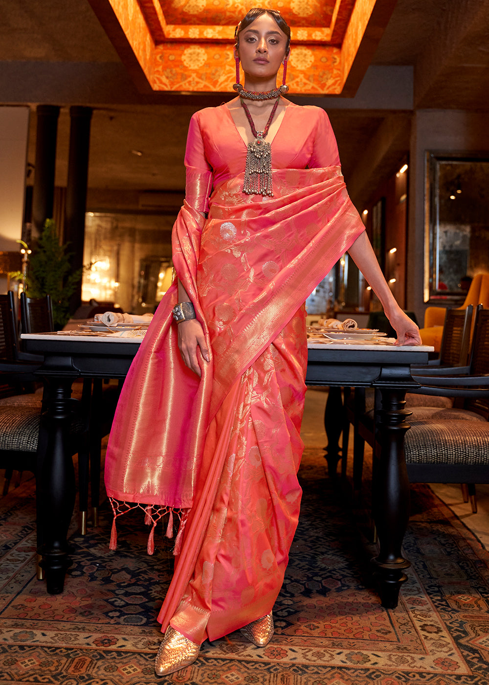 Brink Pink Woven Banarasi Silk Saree with Tassels on Pallu - qivii