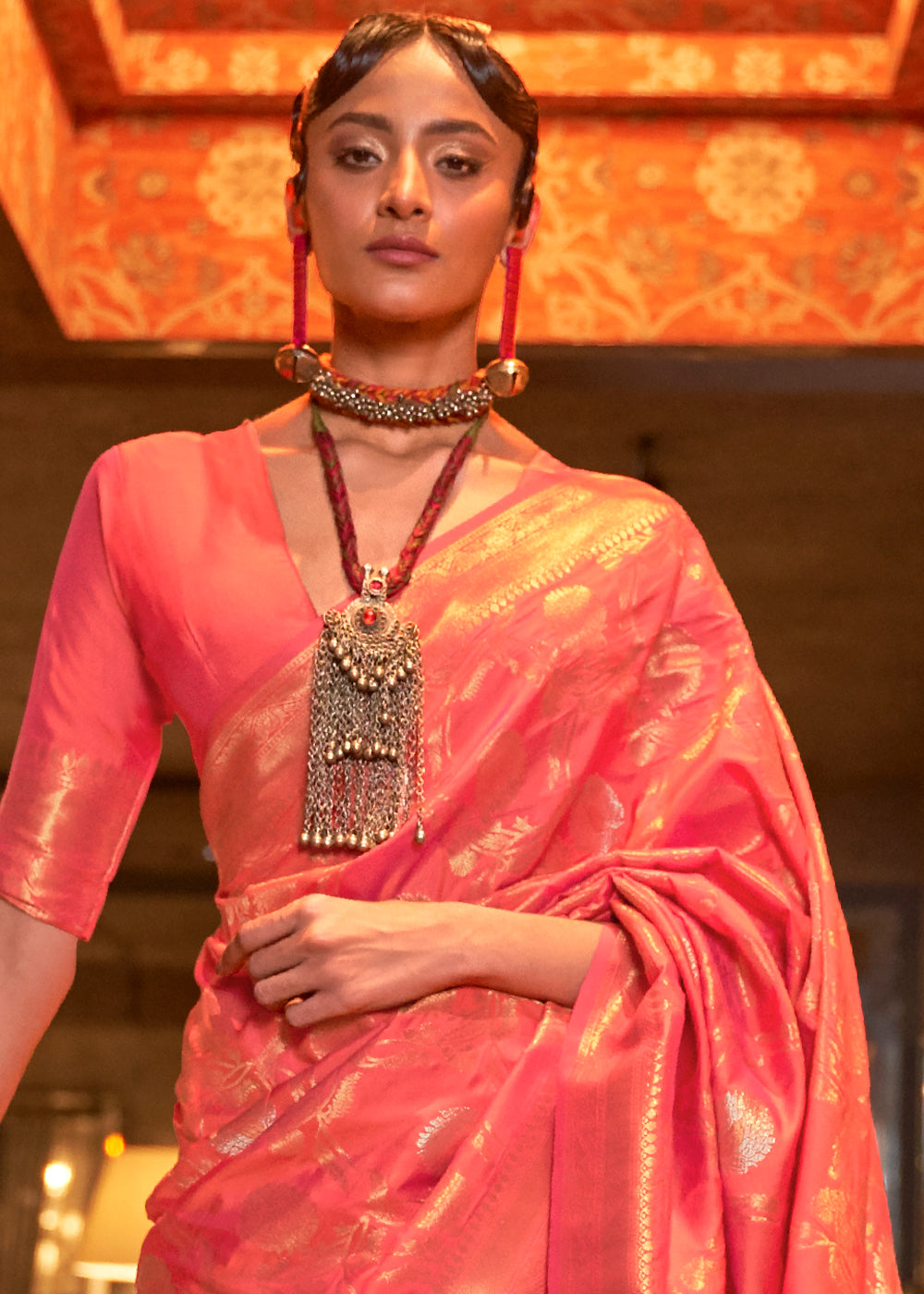 Brink Pink Woven Banarasi Silk Saree with Tassels on Pallu - qivii