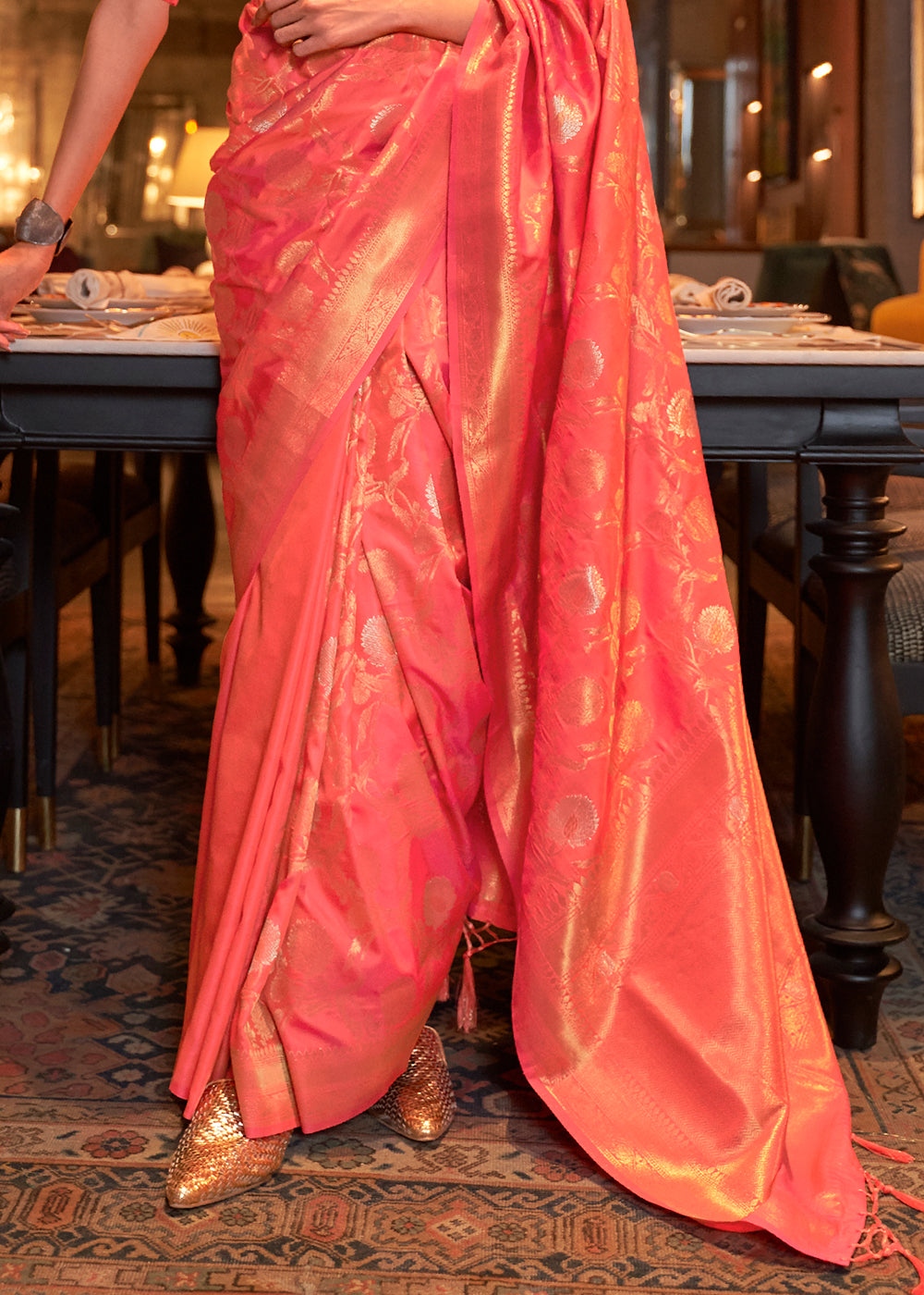 Brink Pink Woven Banarasi Silk Saree with Tassels on Pallu - qivii