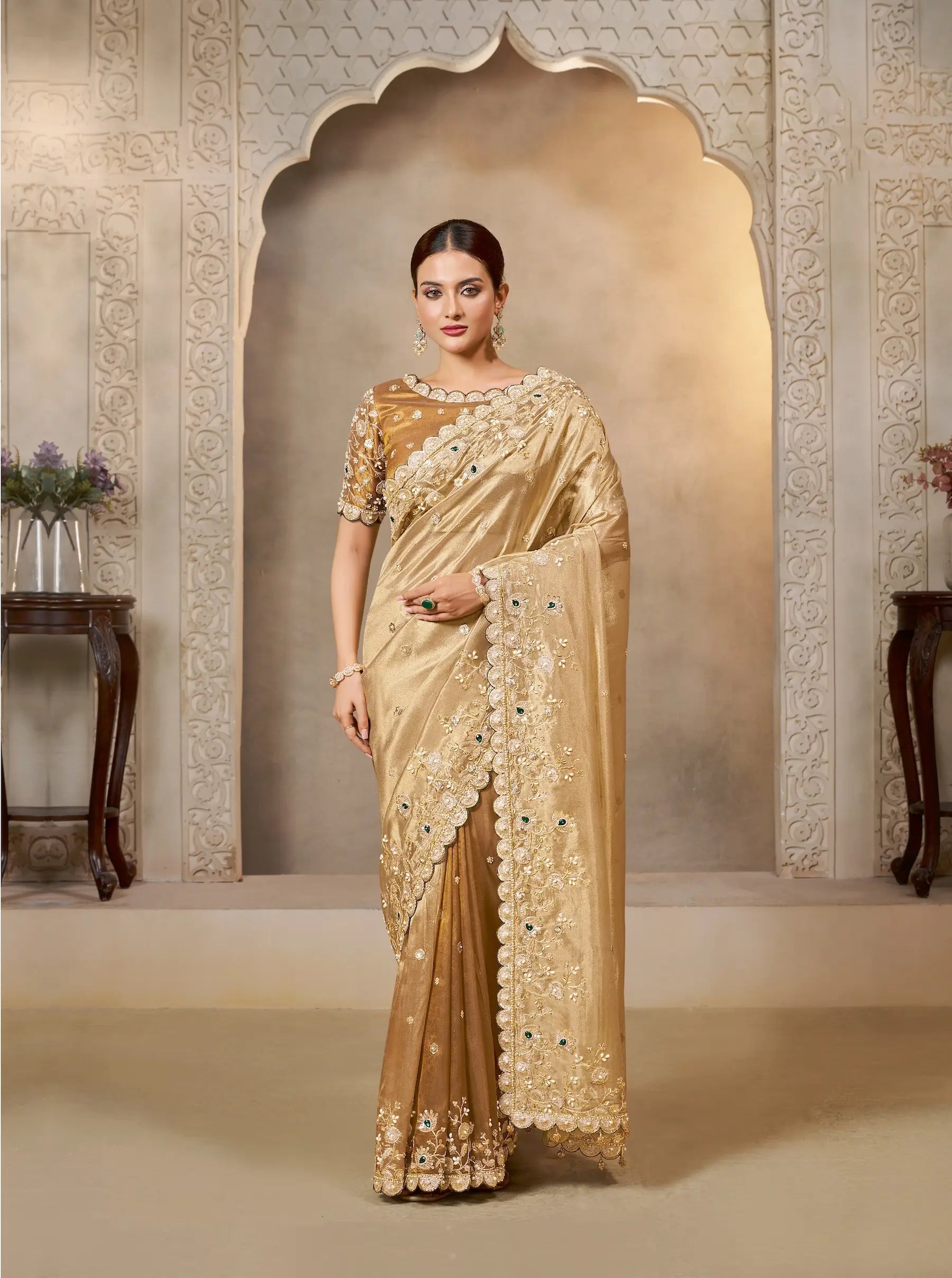 Shaded Golden Tissue Silk Saree With Embroidery & Hand Work