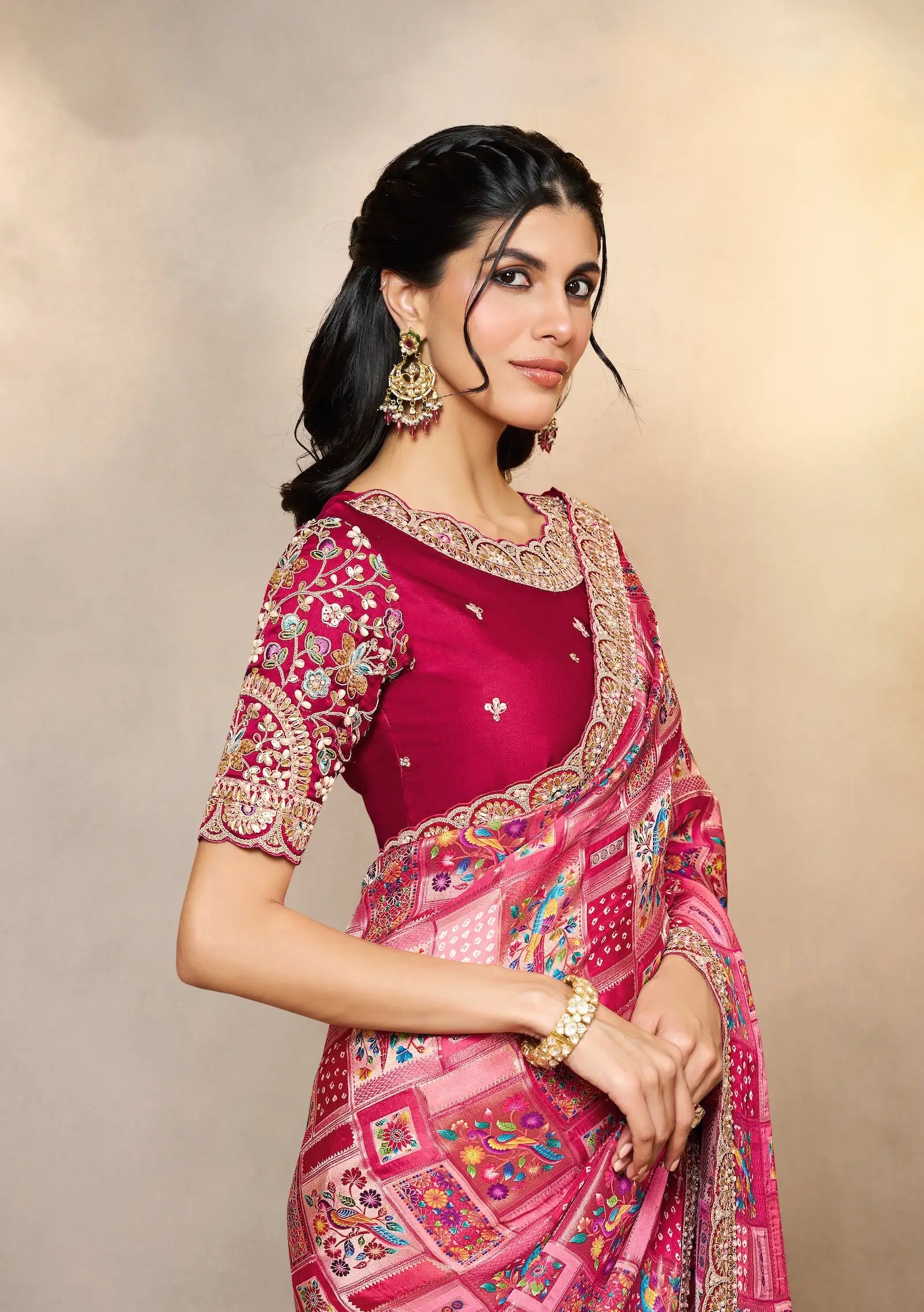 Rosy Pink Jacquard Silk Saree With Embroidery & Hand Work