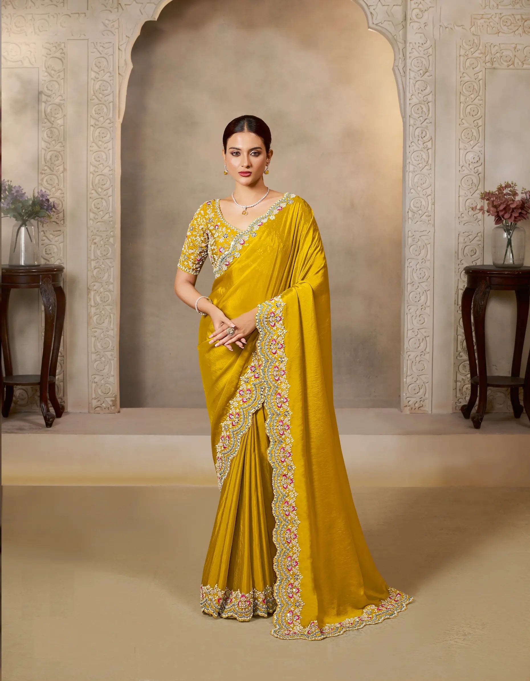Bee Yellow Satin Silk Saree With Embroidery & Hand Work