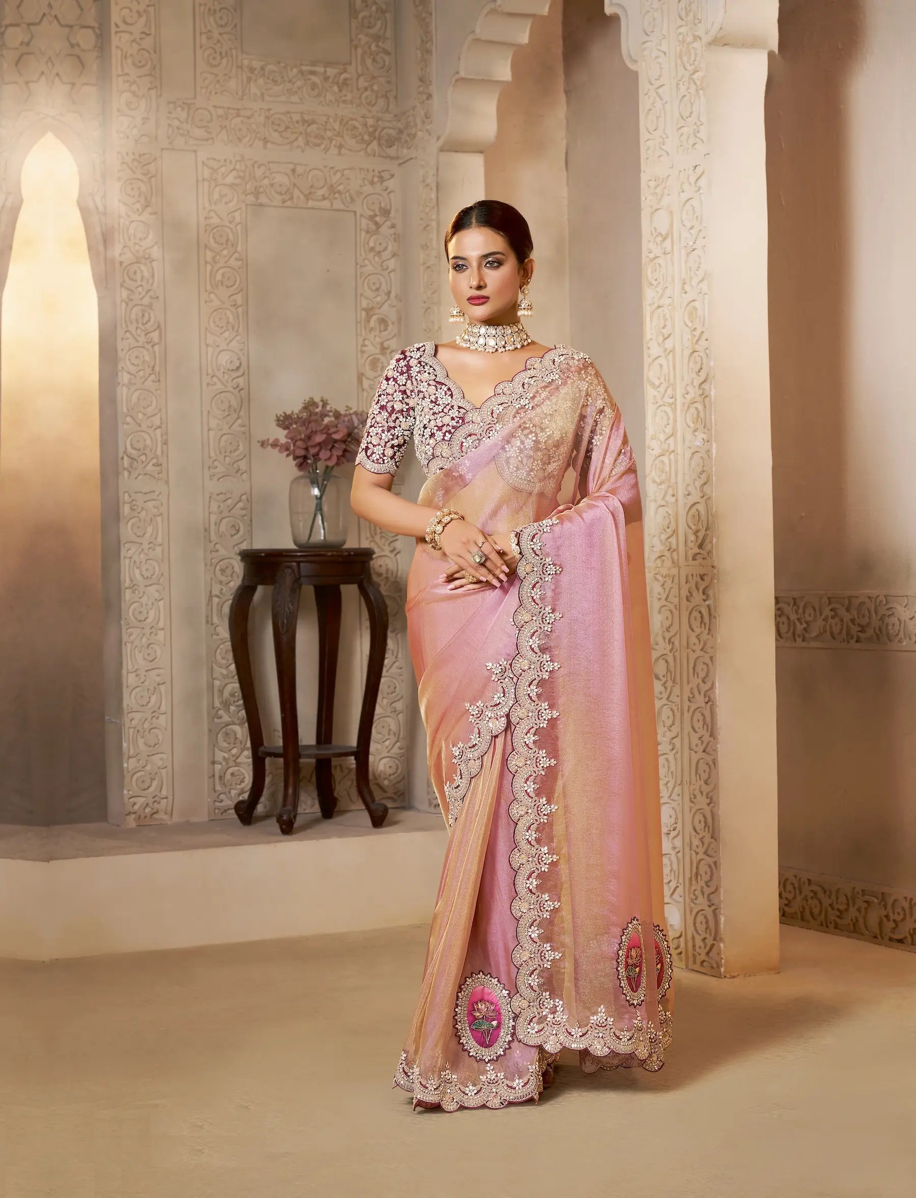 Dusty Pink Organza Silk Saree With Embroidery & Hand Work