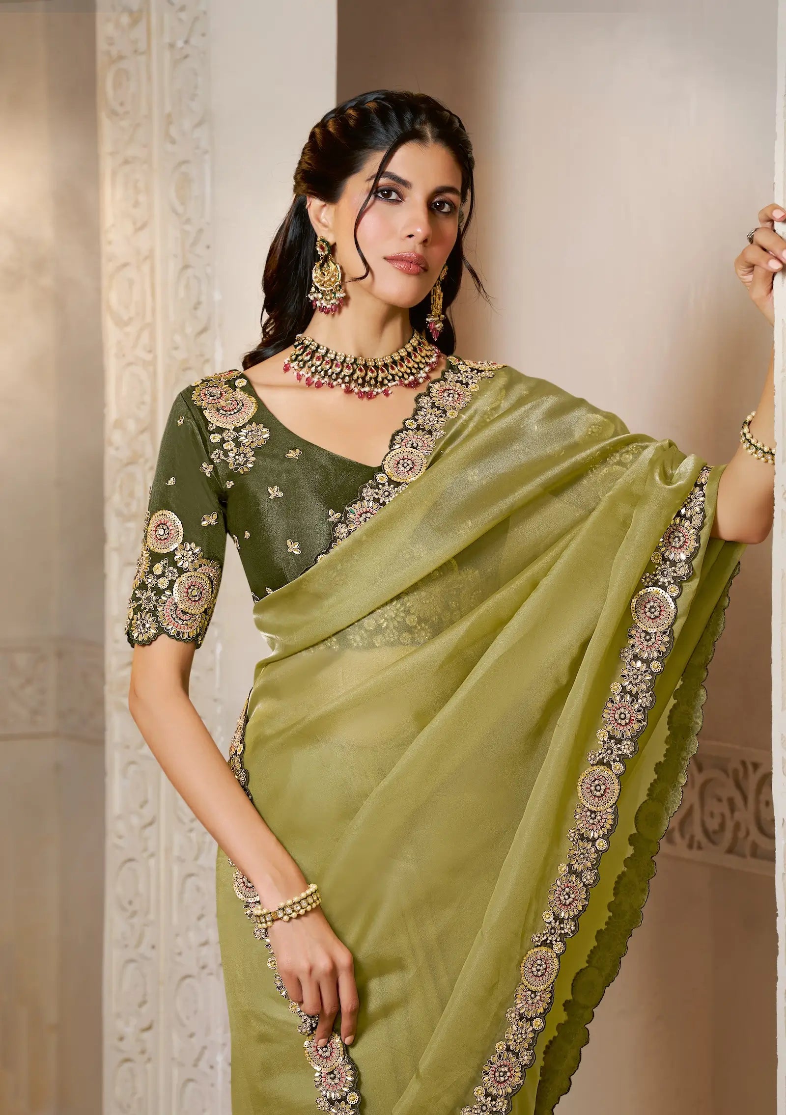 Mustard Olive Organza Satin Saree With Embroidery & Hand Work