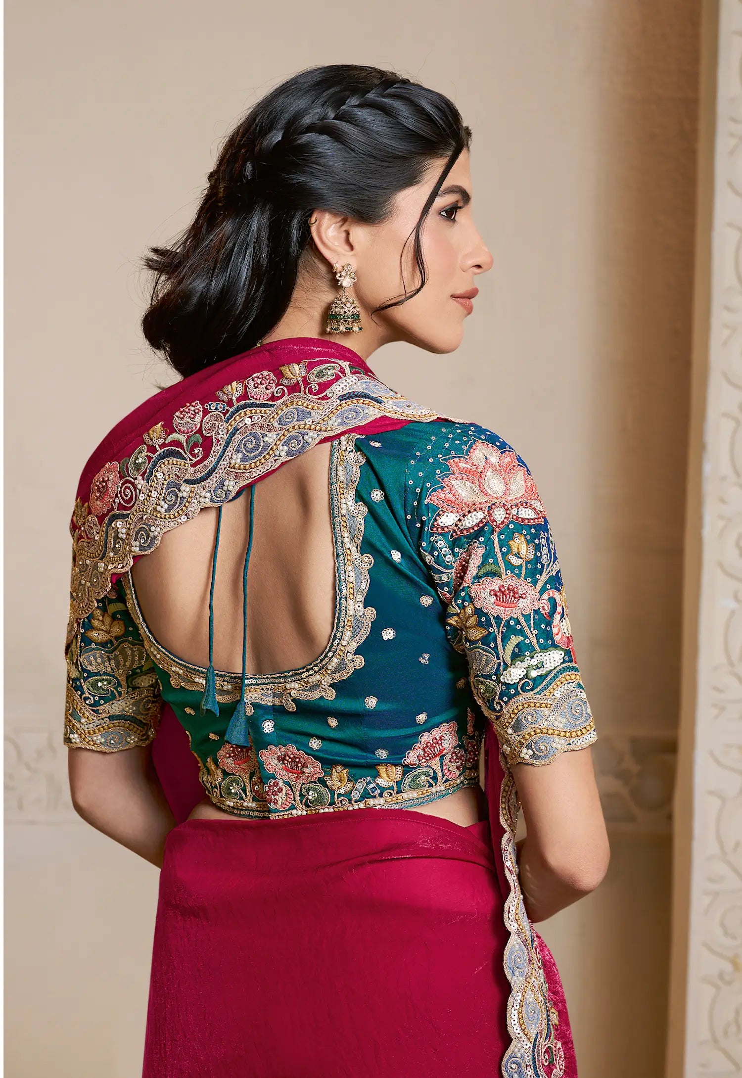 Rose Red Satin Silk Saree With Embroidery & Hand Work