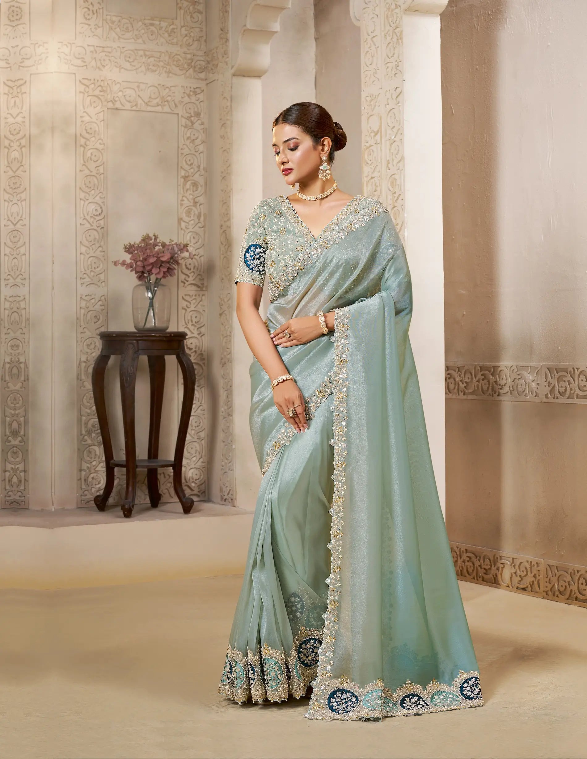 Sky Grey Organza Tissue Saree With Embroidery & Hand Work