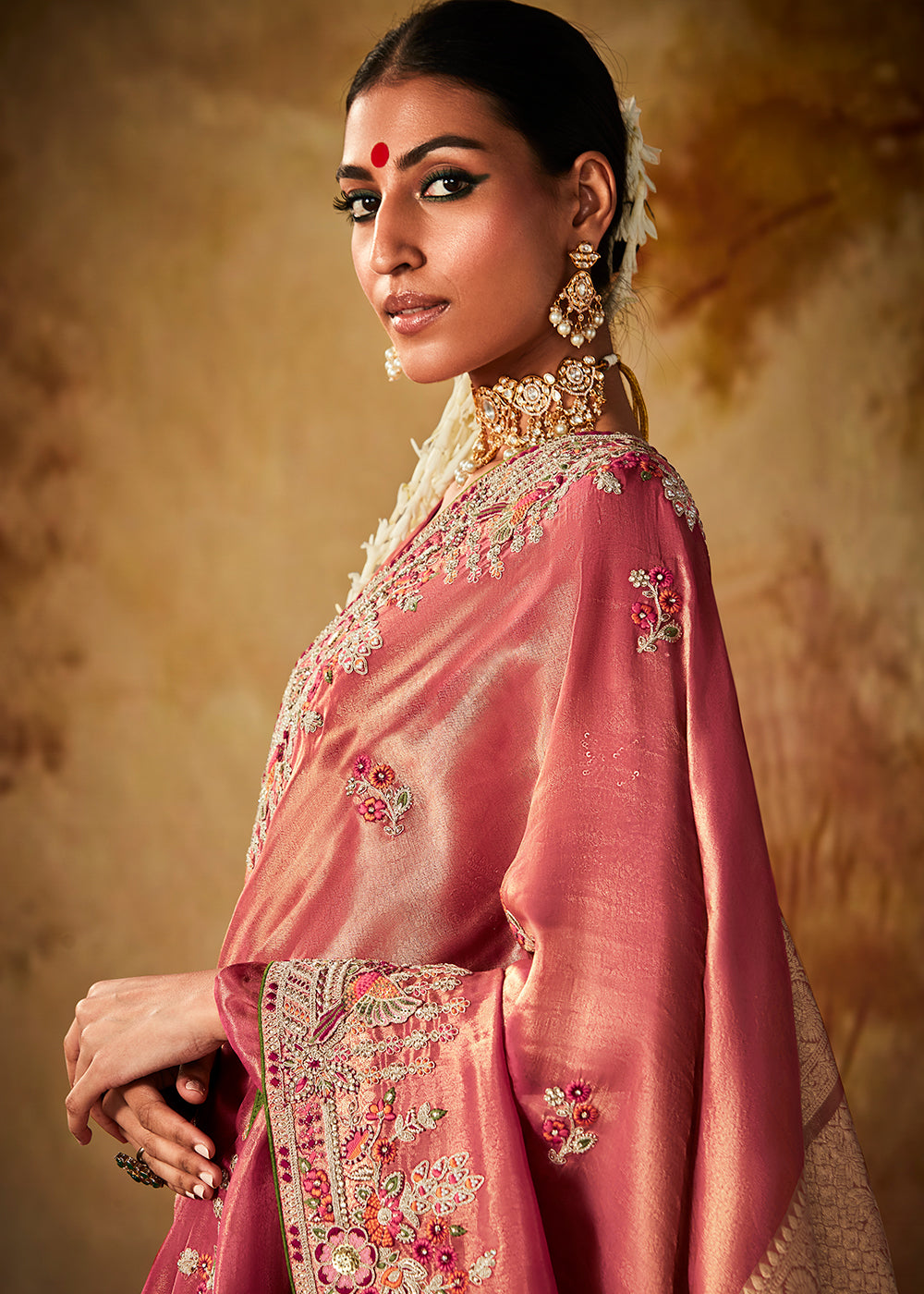 Rouge Pink Woven Banarasi Silk Saree with Sequin,Stone,Zardosi,Khatli & Pearl work - qivii