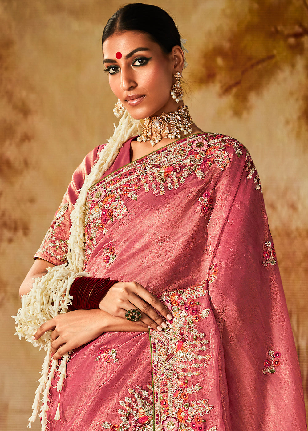 Rouge Pink Woven Banarasi Silk Saree with Sequin,Stone,Zardosi,Khatli & Pearl work - qivii