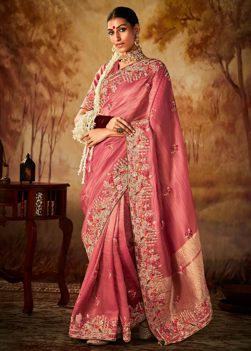 Rouge Pink Woven Banarasi Silk Saree with Sequin,Stone,Zardosi,Khatli & Pearl work - qivii