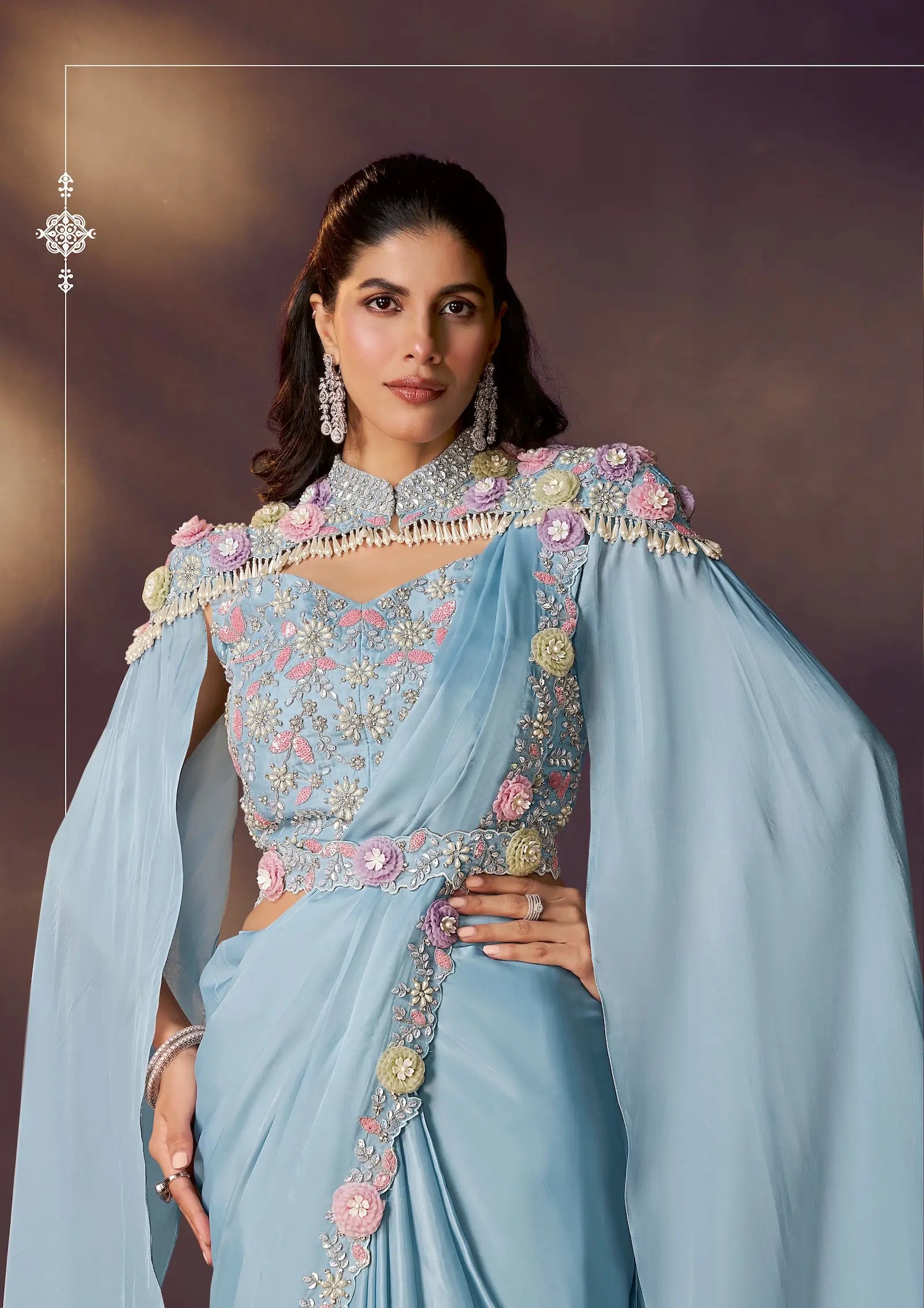 Cloudy Blue One Minute Saree With Embroidery & Hand Work