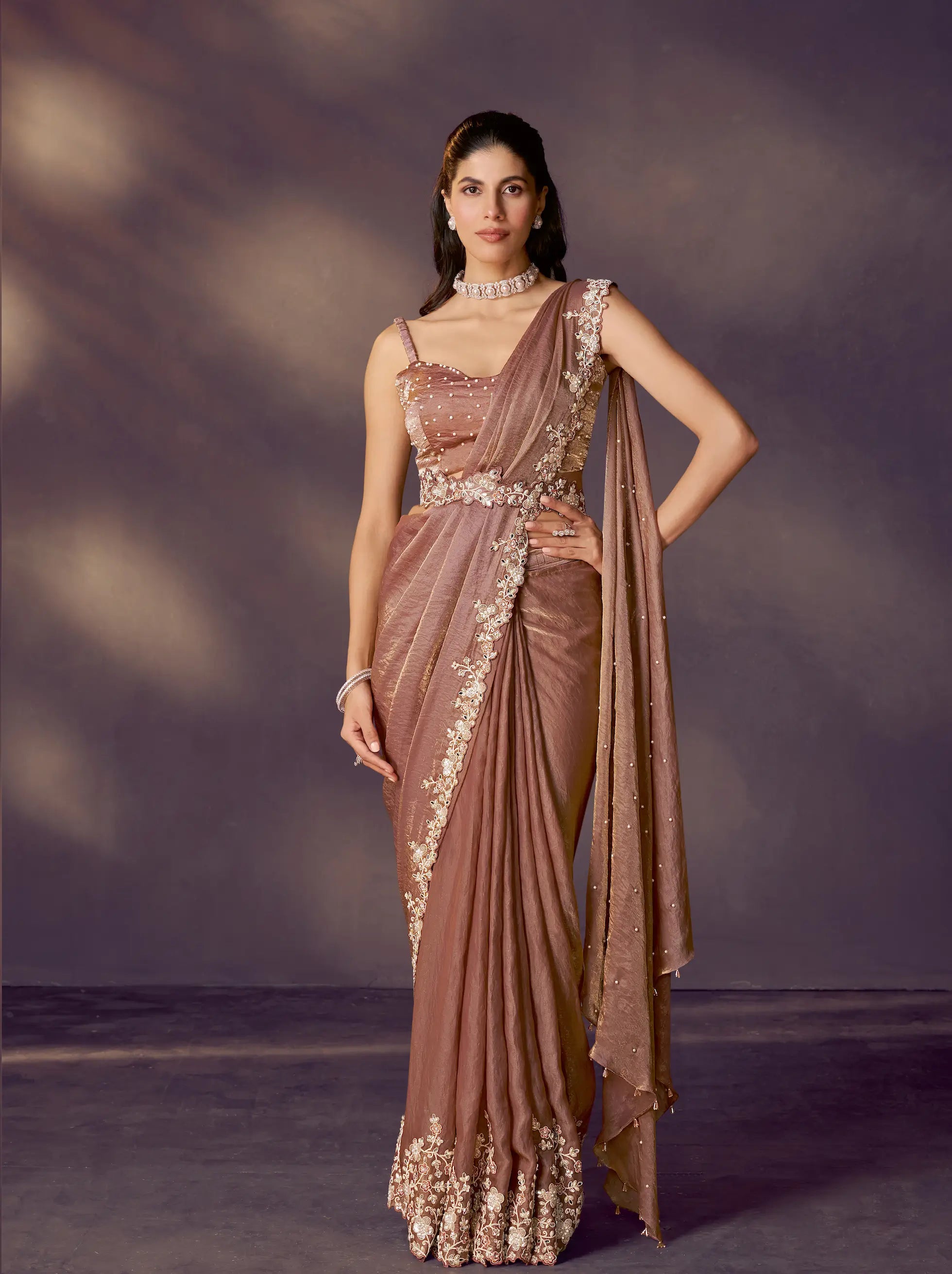 Cider Brown One Minute Saree With Embroidery & Hand Work