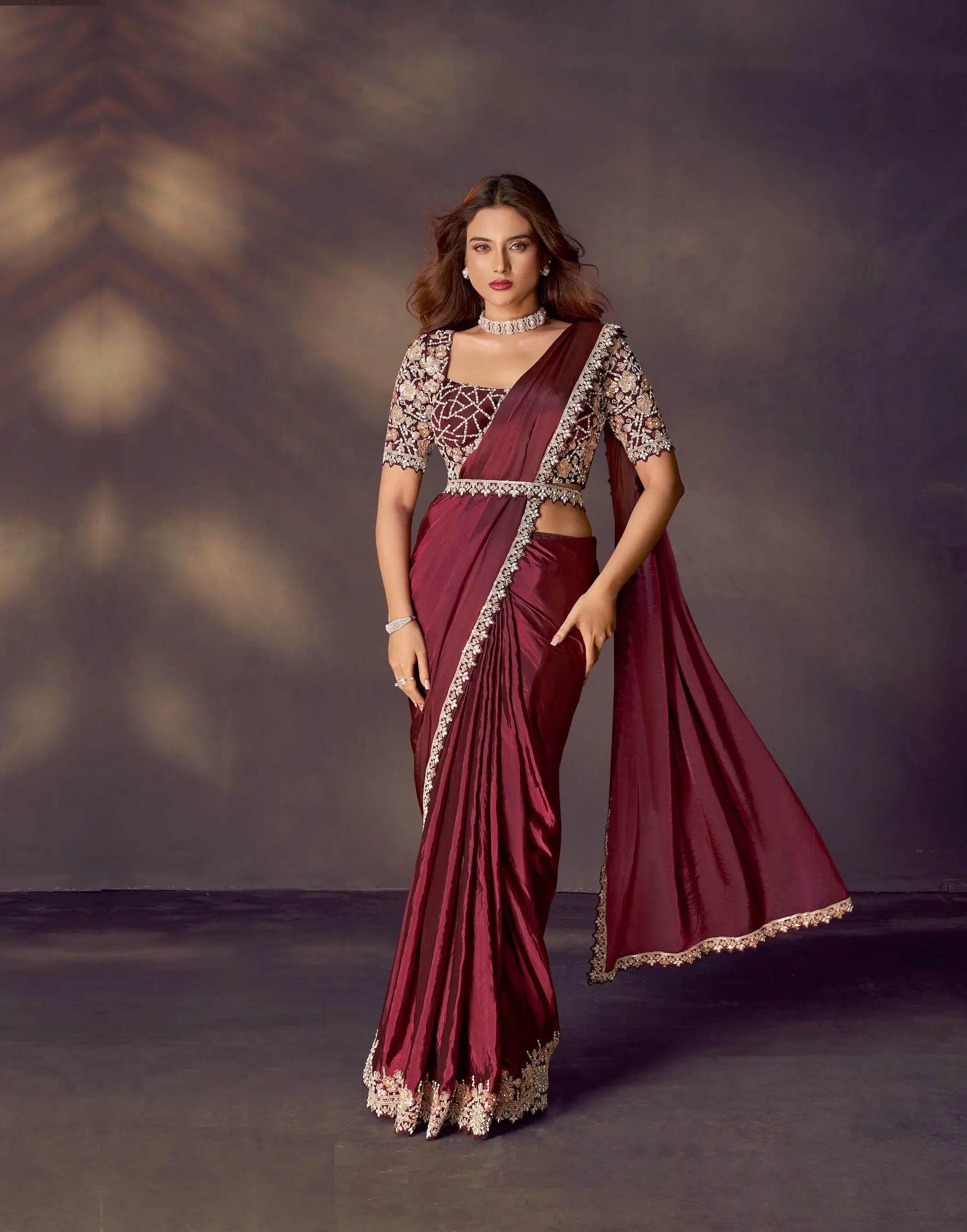 Wine Berry One Minute Saree With Embroidery & Hand Work