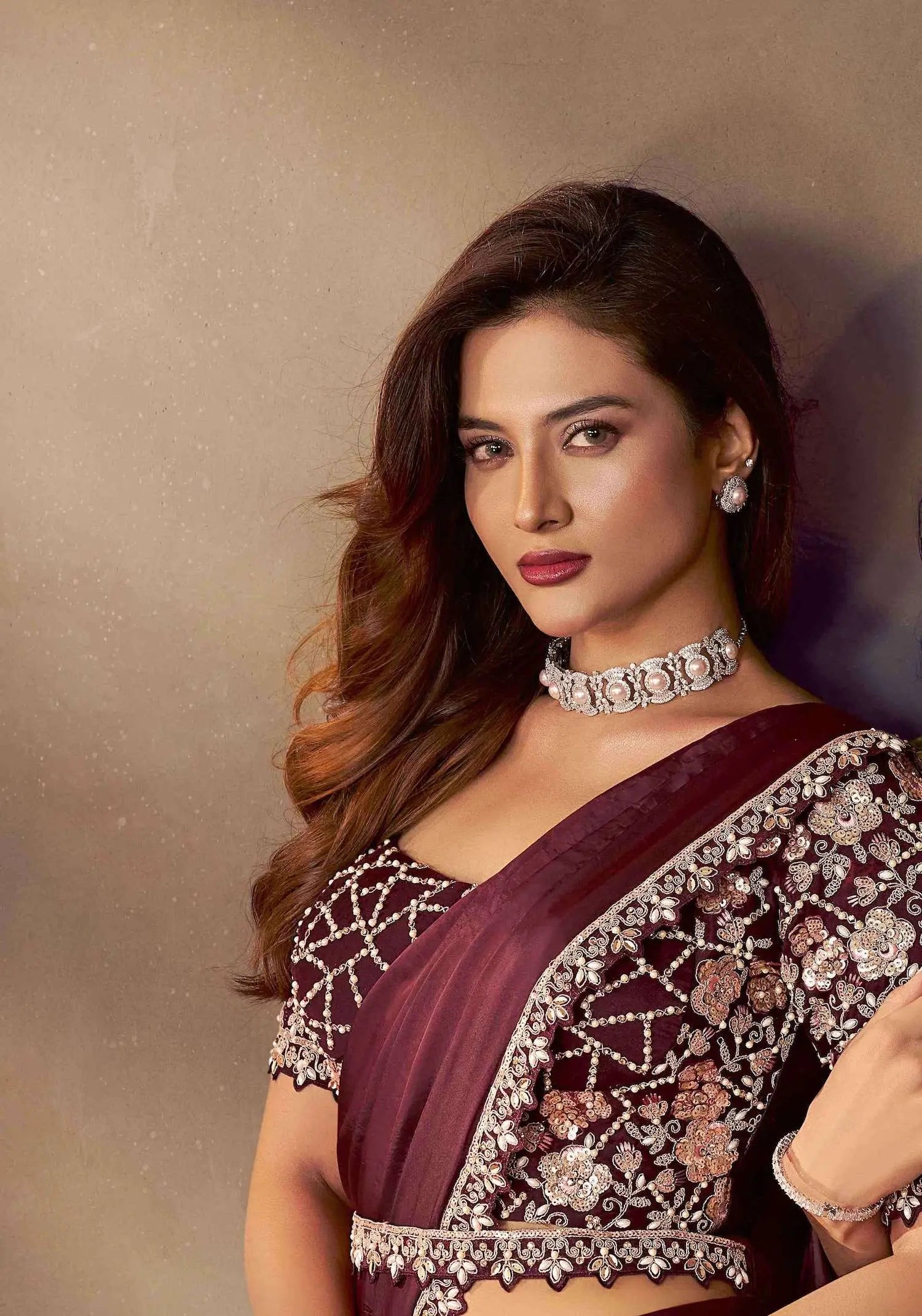 Wine Berry One Minute Saree With Embroidery & Hand Work