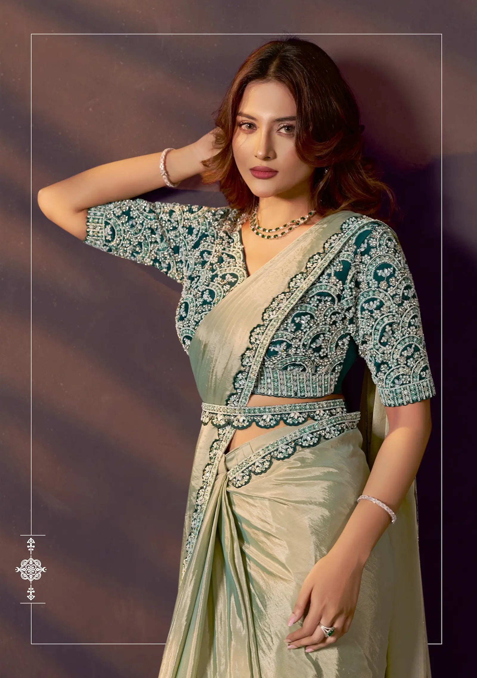 Golden Olive One Minute Saree With Embroidery & Hand Work