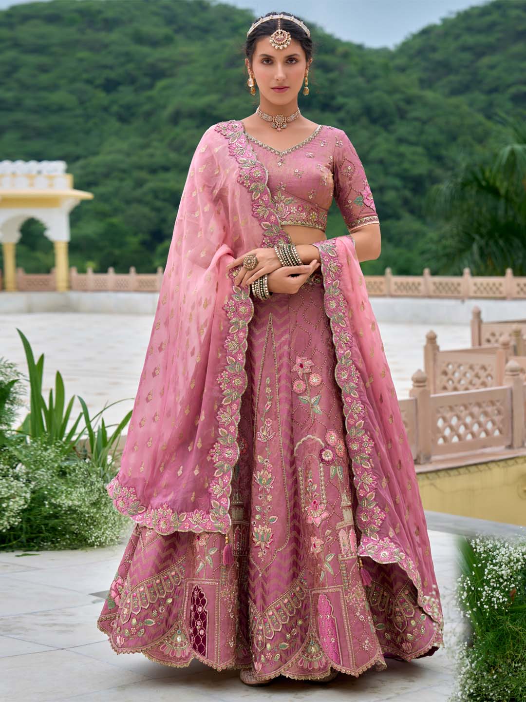 Rosegold Color Patch-Work & Cut-Work Silk Embroidered Semi Stitched Lehenga Choli - qivii