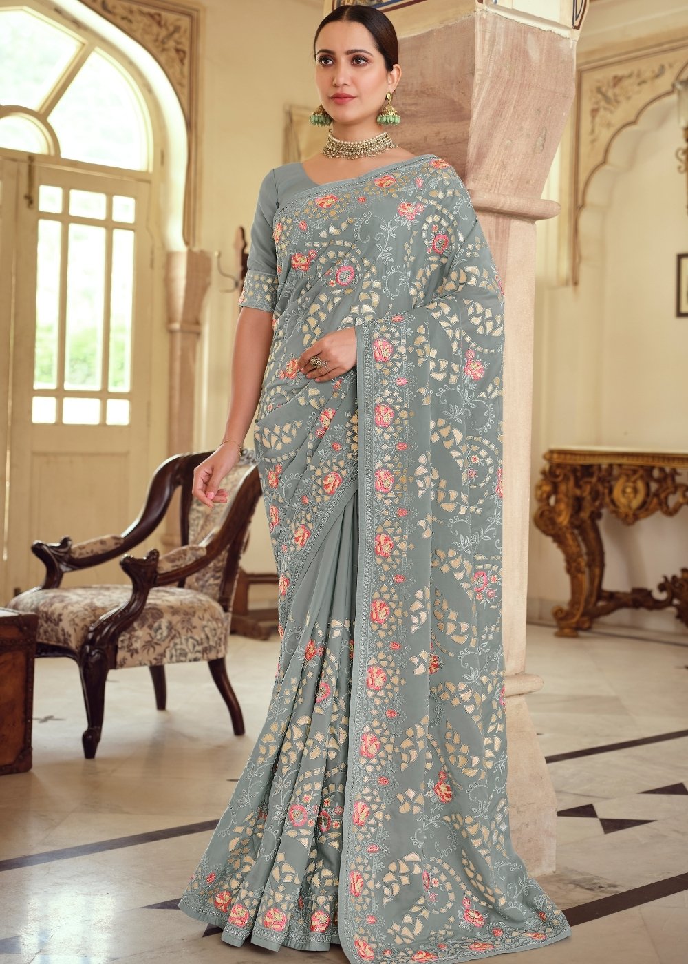 Lava Grey Designer Satin Georgette Saree with Gota & Resham work - qivii