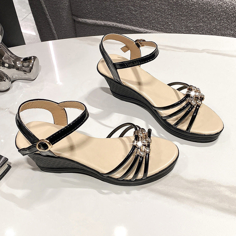Women’s Mariselle Peep-Toe Wedge Sandals – Rhinestone Metallic Platform Elegant Block Heel Sandals (US 4–9)