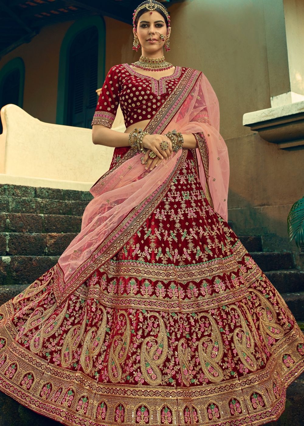 Sangria Red Bridal Velvet Lehenga Choli with Embroidery & Hand work | Ready To Wear - qivii