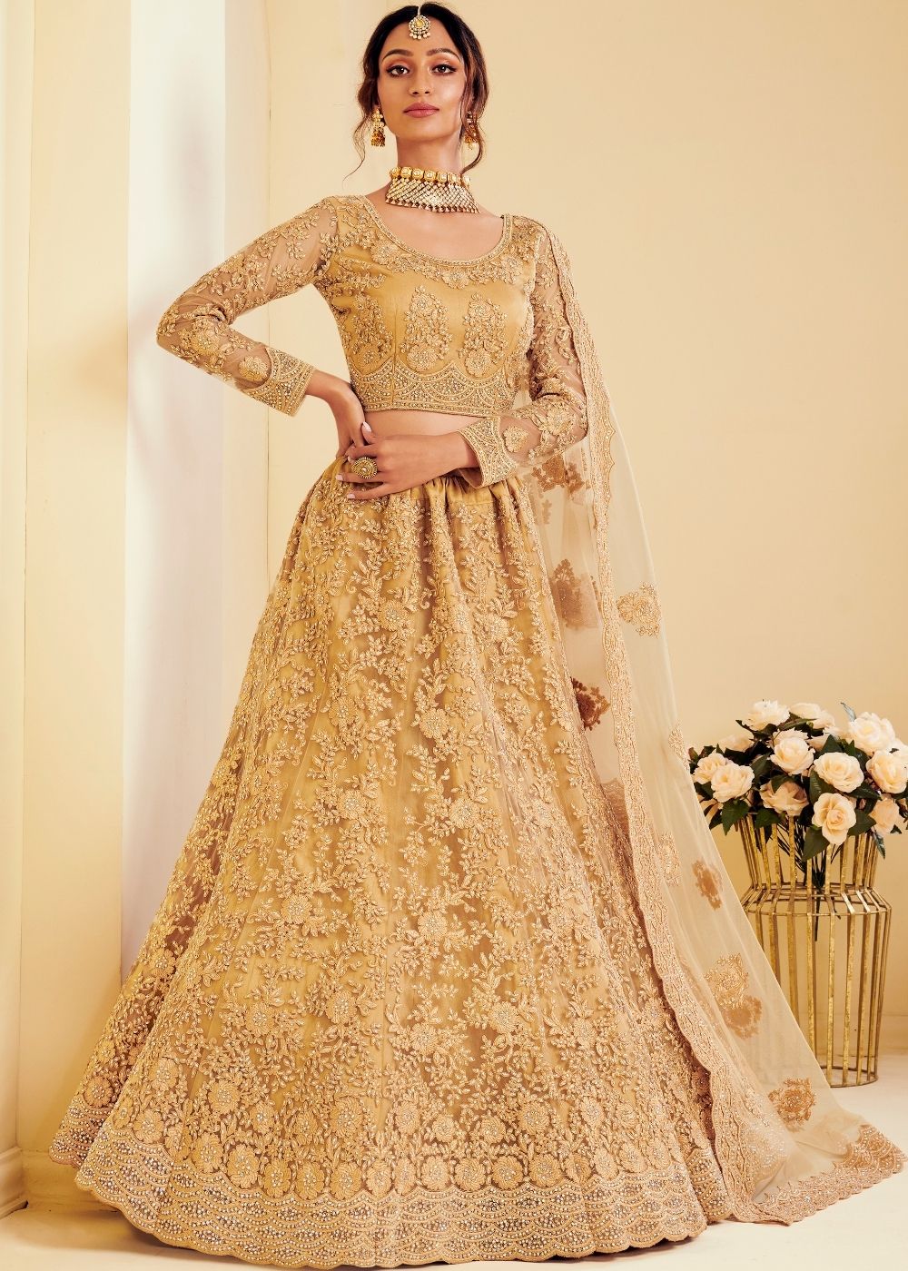 Antique Golden Soft Net Lehenga Choli with Cording Embroidery & Stone work | Ready To Wear - qivii
