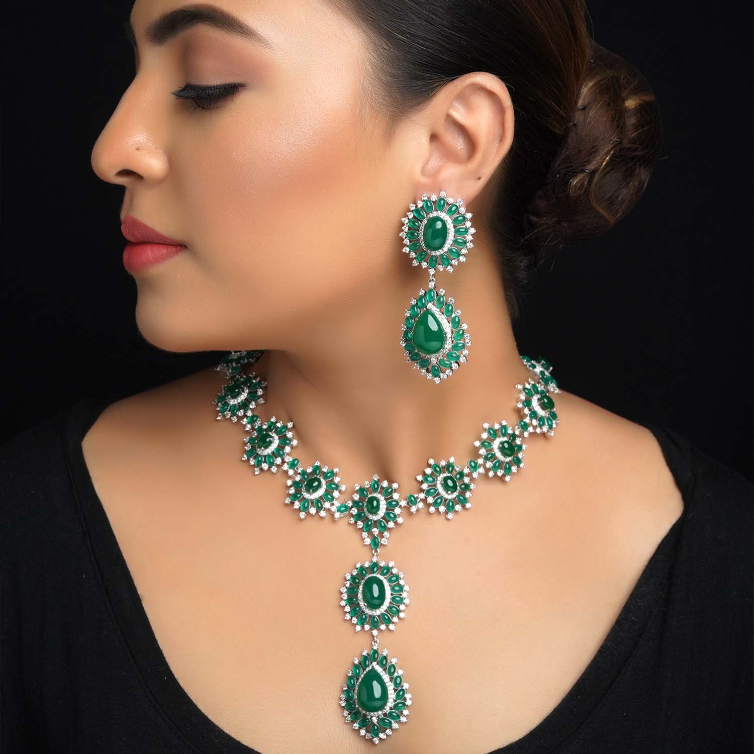 Aatifa Green Emerald And American Diamond Necklace Set With Beautiful Finger Ring - qivii