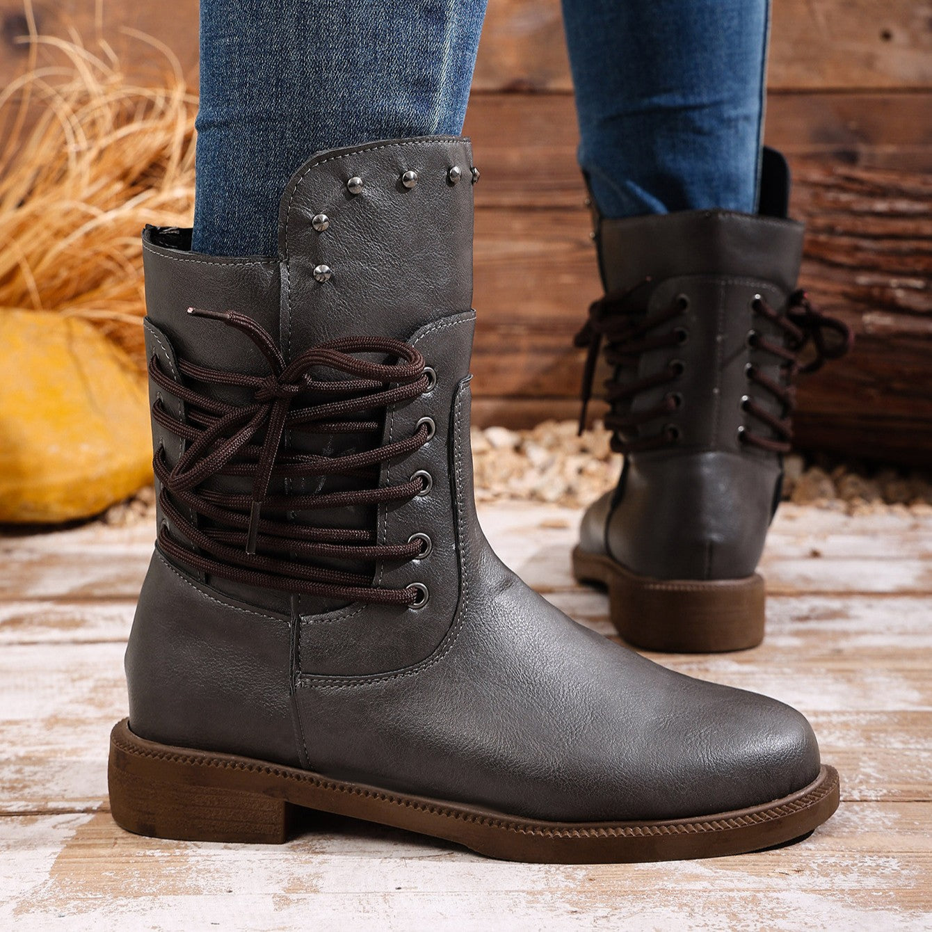 Women's Rivet Roma Boots - Side Lace Chunky Heel Mid Calf Boots (US 4-10.5)