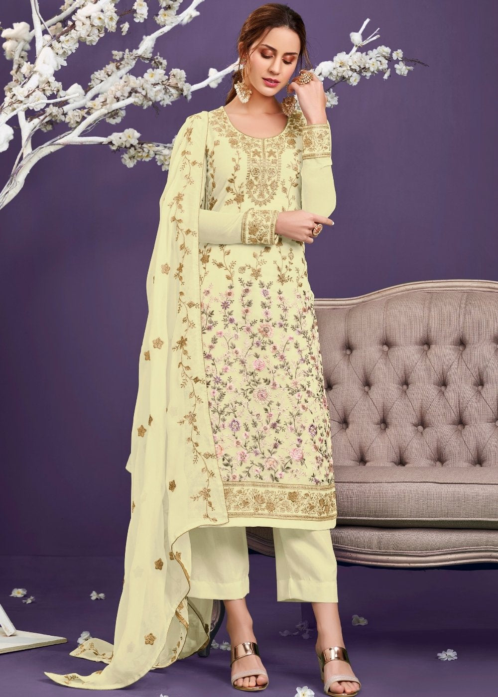 Banana Yellow Georgette Salwar Suit with Thread, Zari & Sequence work - qivii