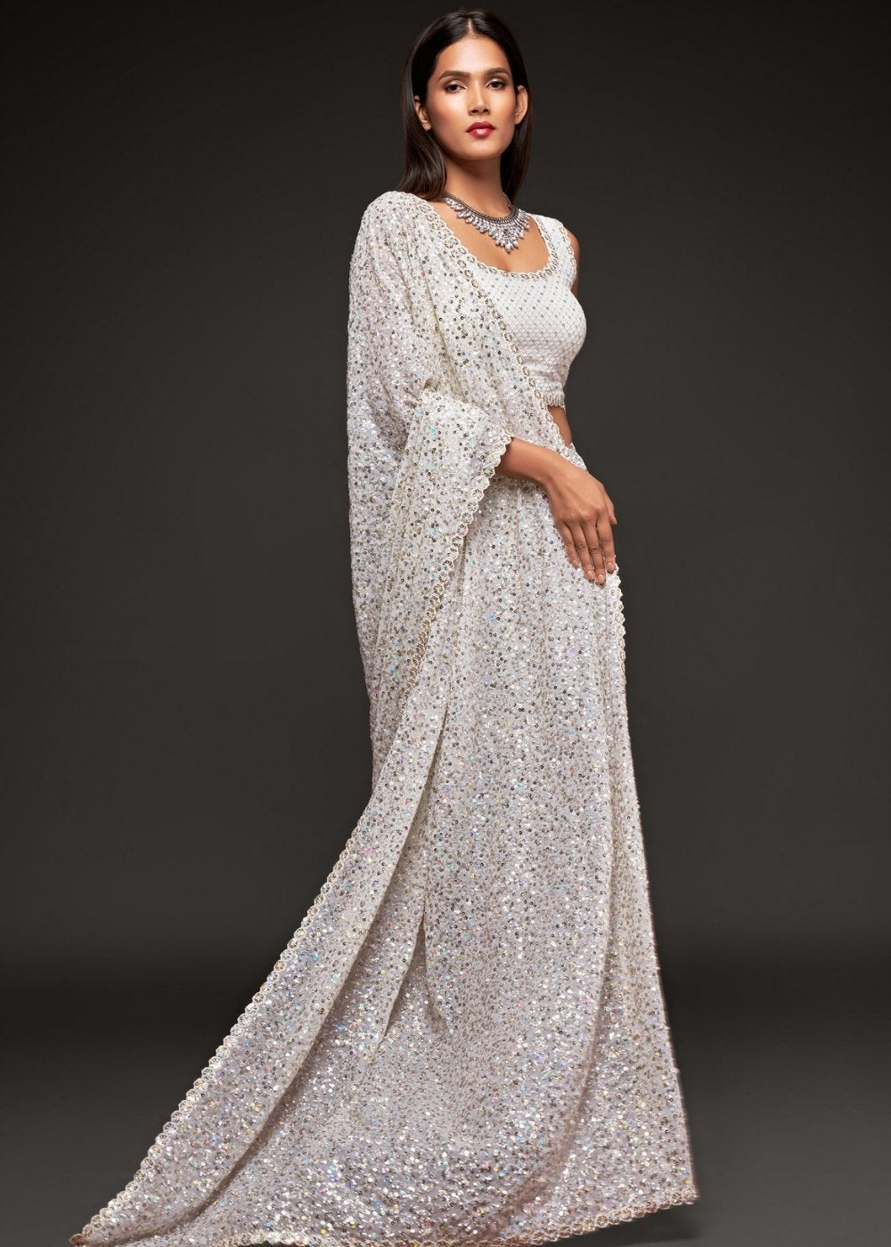 Pearl White Sequins & Thread Embroidered Designer Georgette Saree - qivii