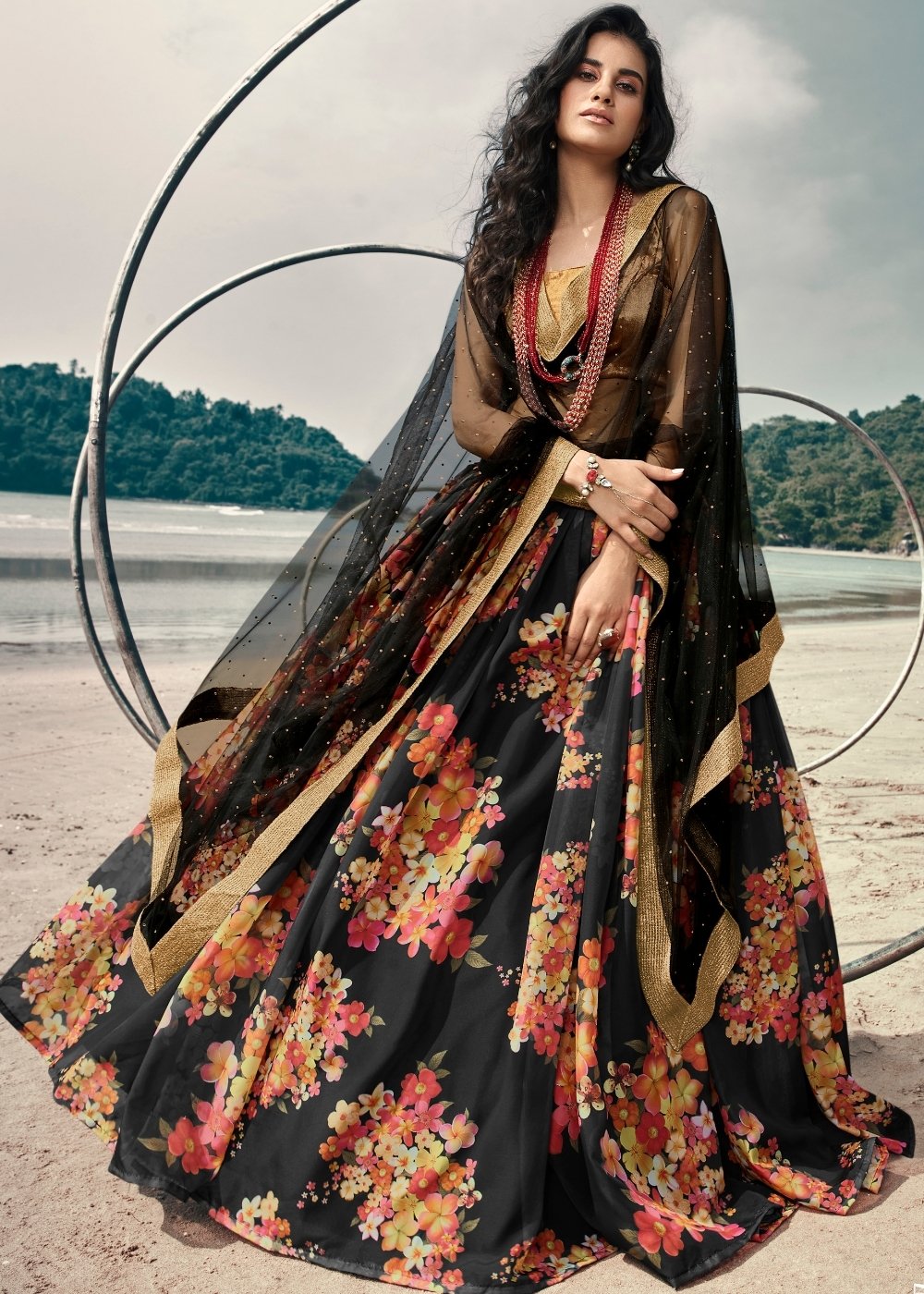 Onyx Black Designer Printed Organza Lehenga with Soft Net Dupatta | Ready To Wear - qivii