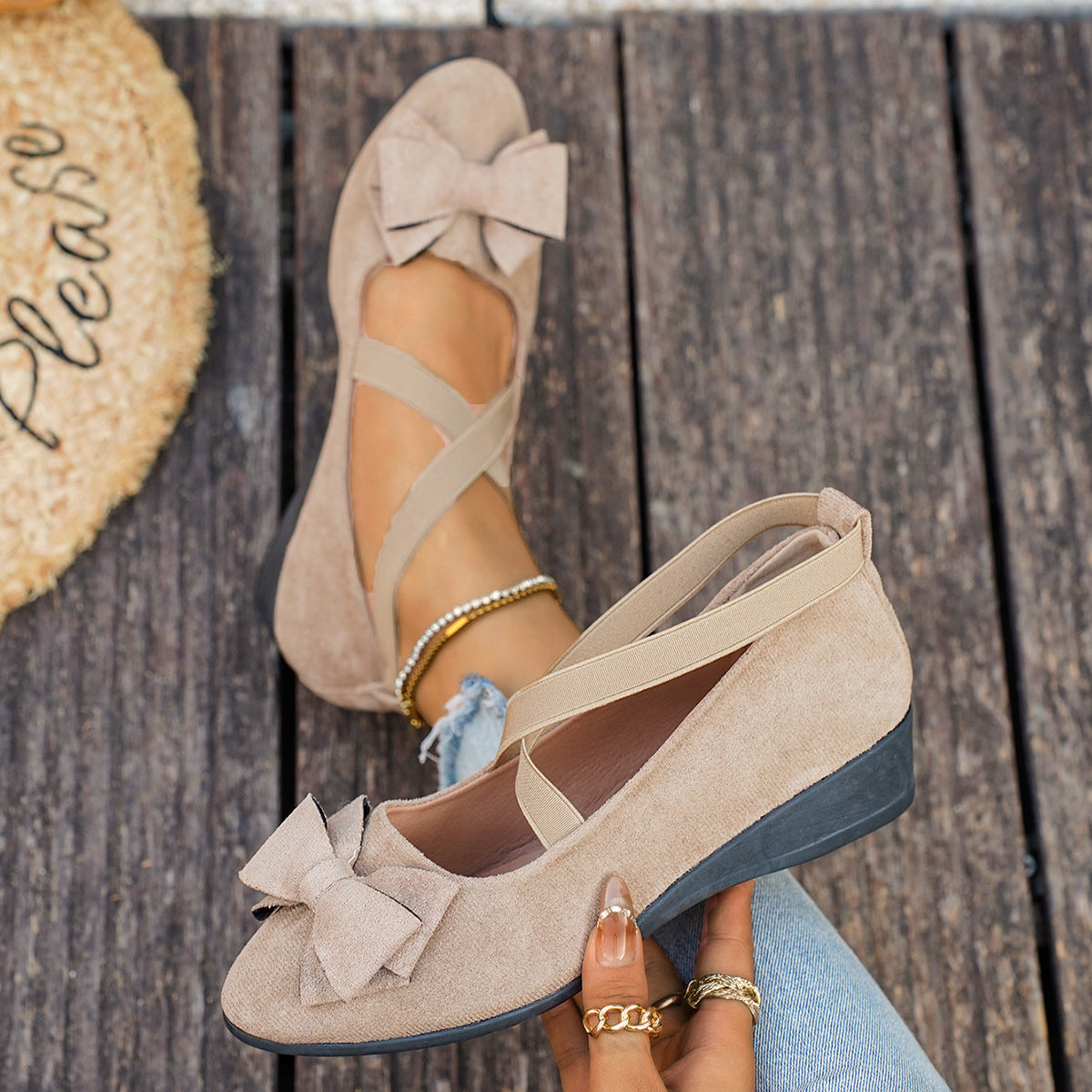 Women’s Elara Bow Suede Wedge Loafers – Elastic Cross-Strap Comfort Slip-Ons (US 5–10.5)